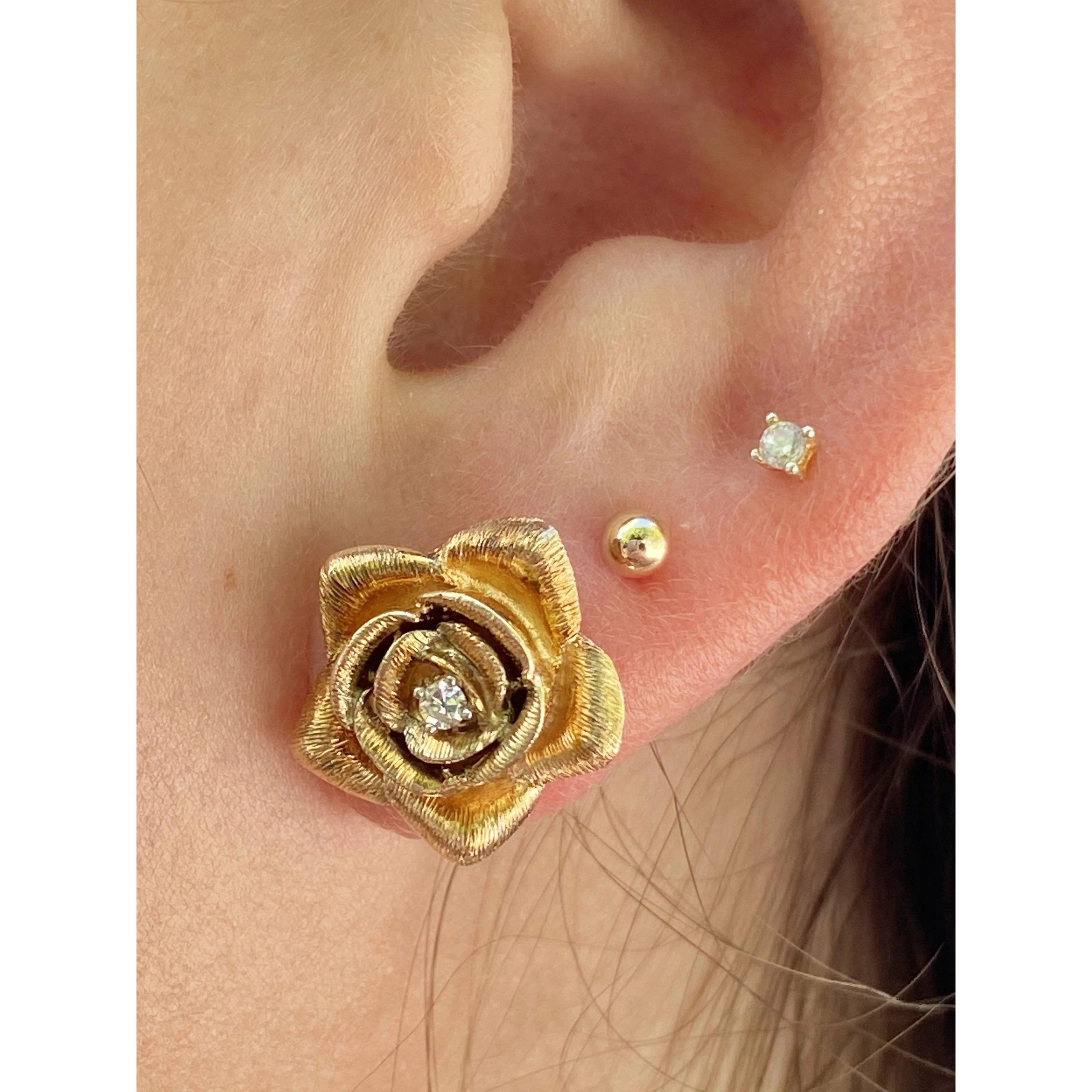 14k Solid Gold Flower and Diamond Stud Earrings - Image 3