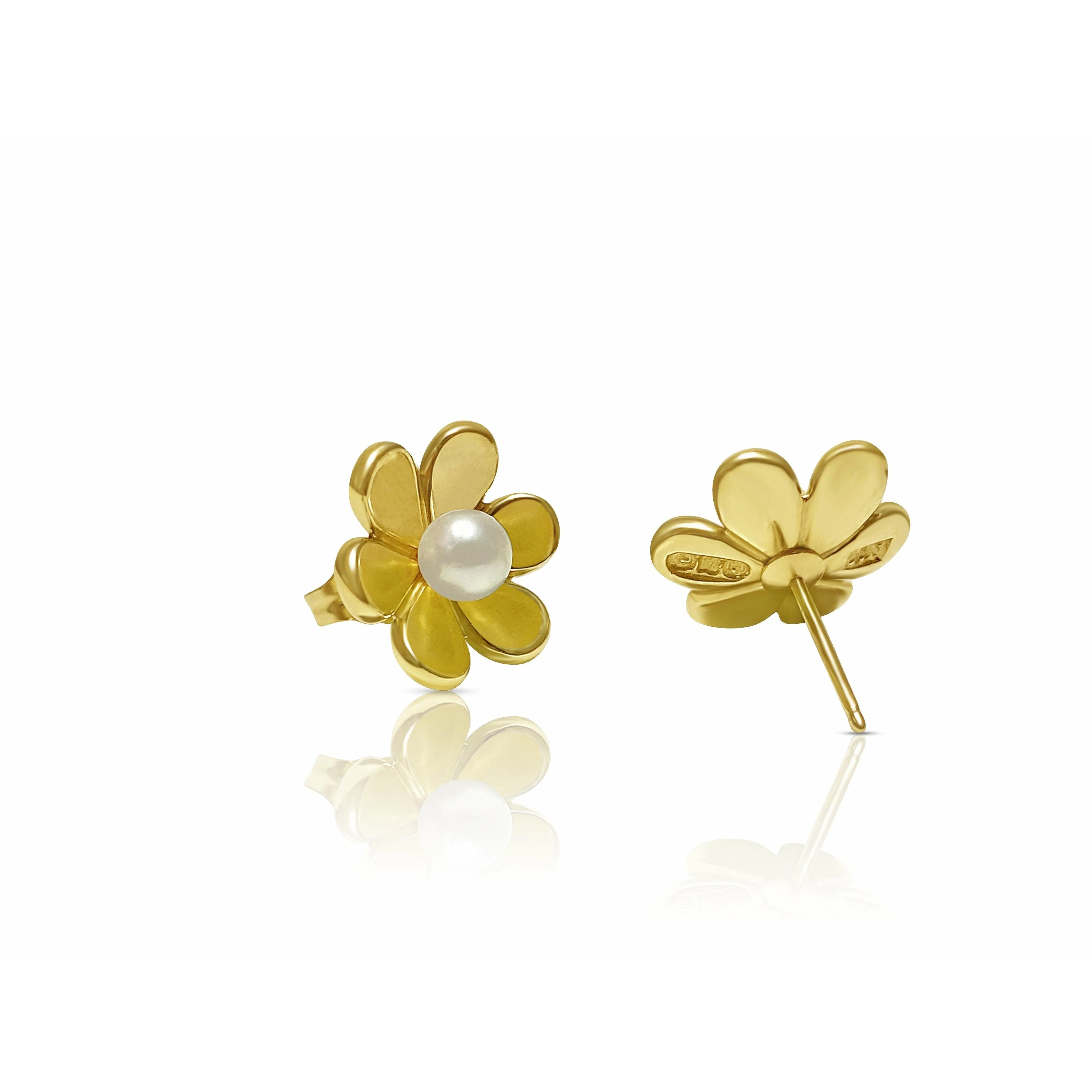 14k Solid Gold Flower and Pearl Stud Earrings - Image 3