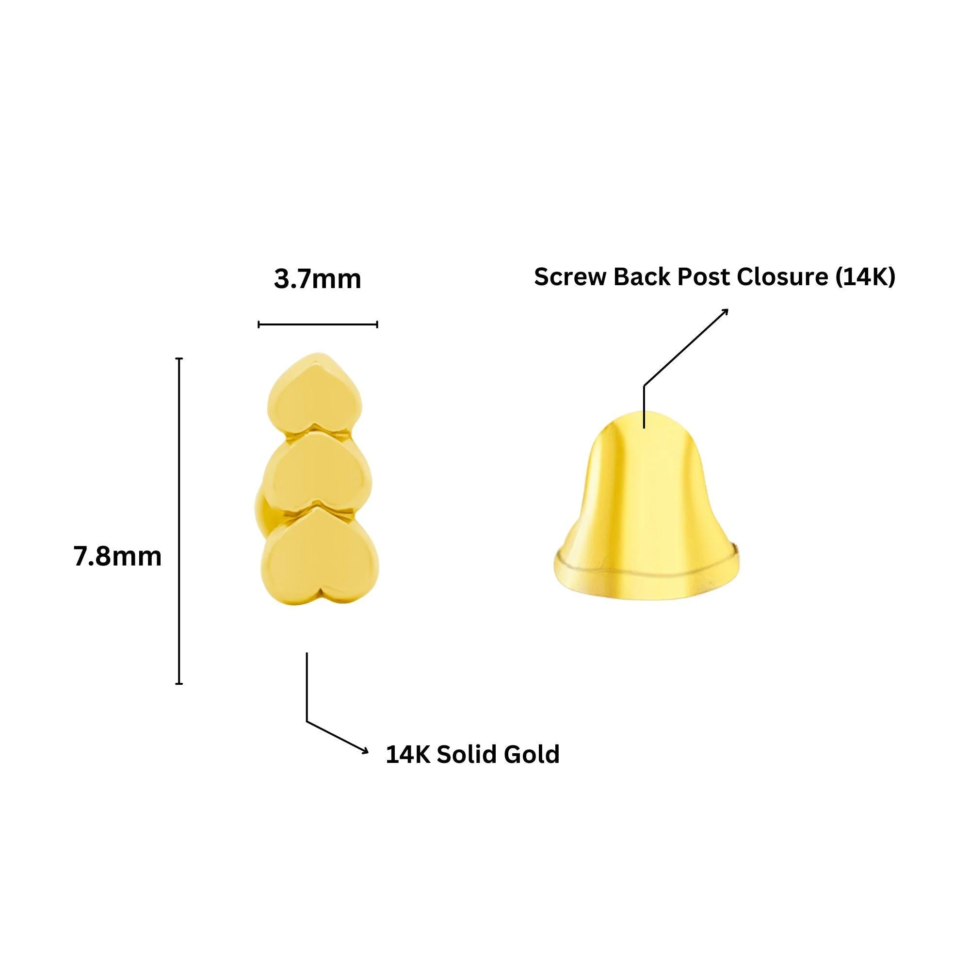 14K Solid Gold Graduating Heart Stud Earrings On Screw Back - Image 9