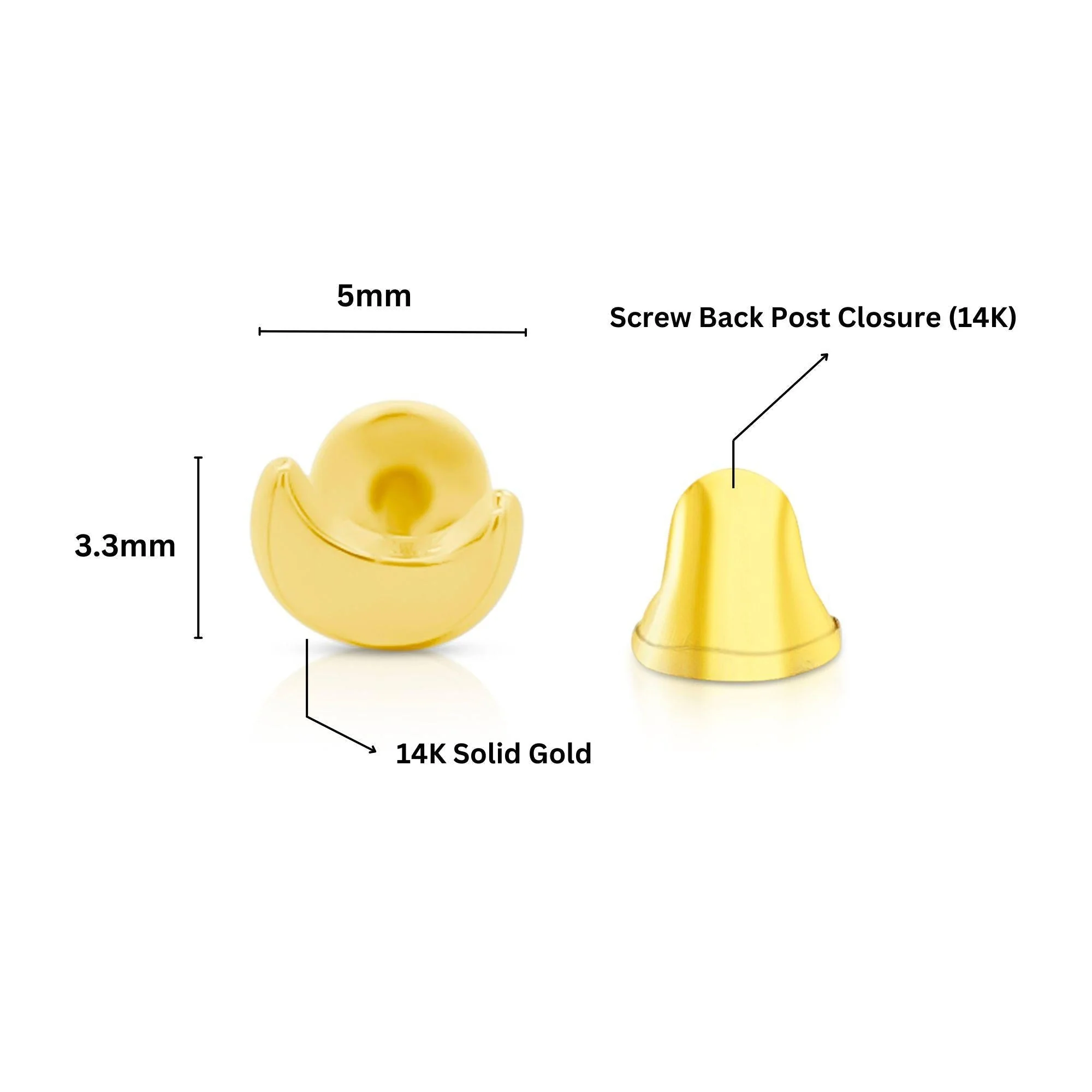 14K Solid Gold Half-Moon Tiny Stud Earrings On Screw Back - Image 8