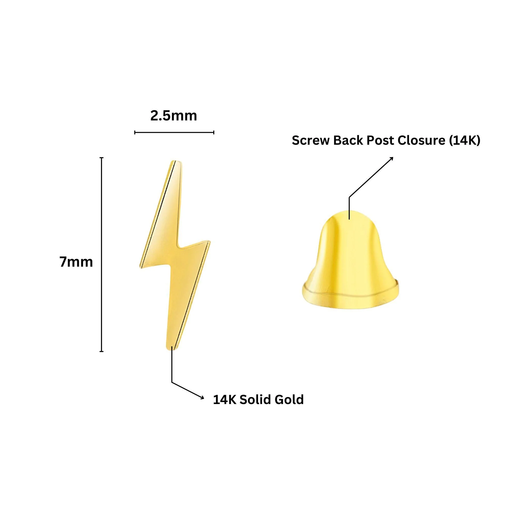 14K Solid Gold Lightning Bolt Dainty Stud Earrings in Screw Back Closure - Image 6