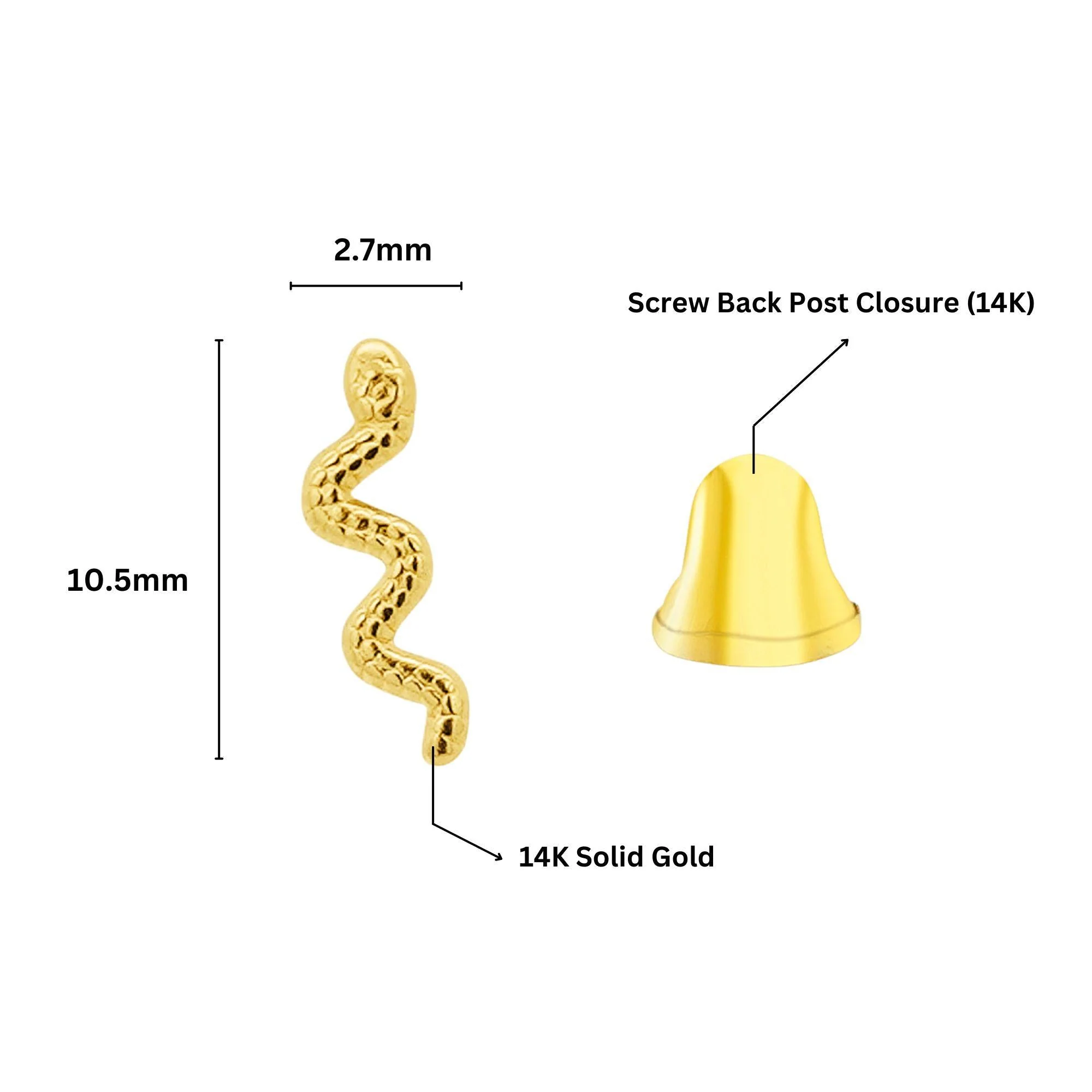 14K Solid Gold Snake Stud Earrings In Screw Back Closure - Image 5