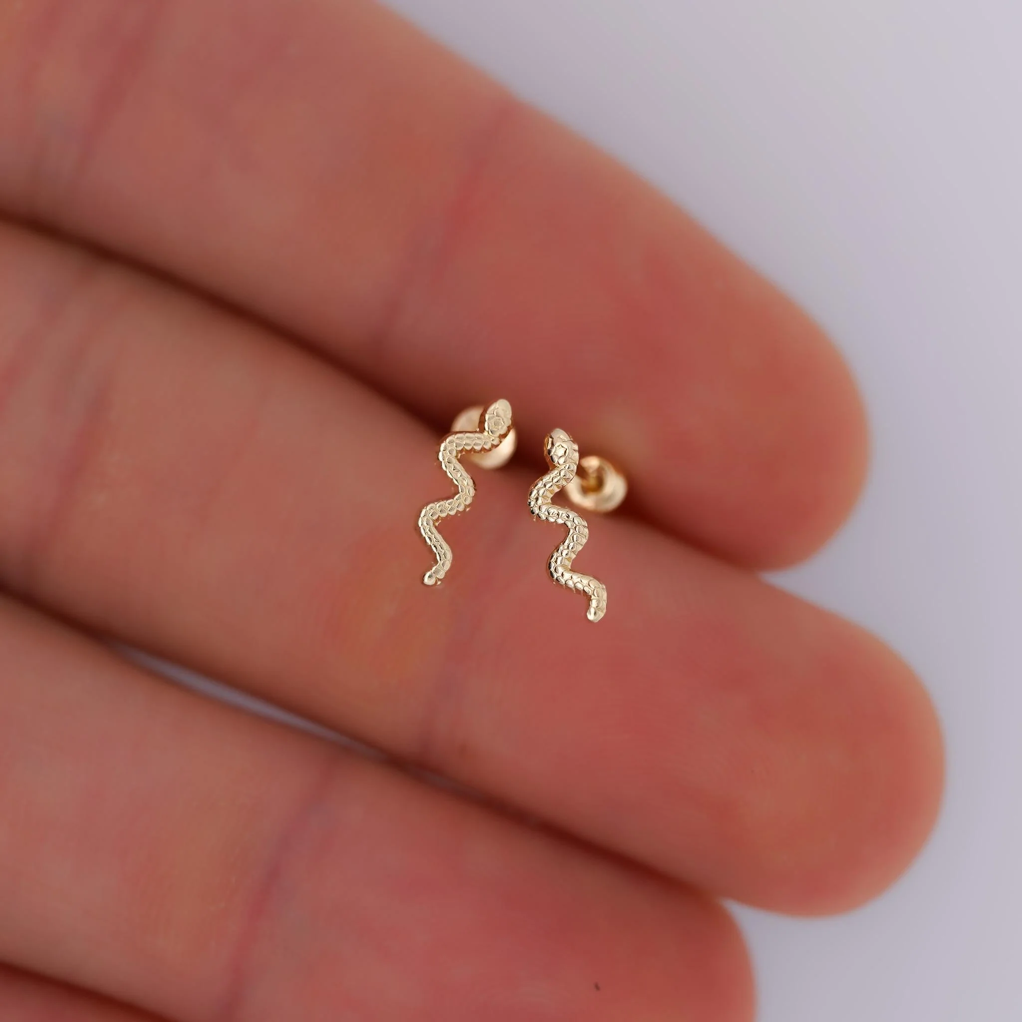 14K Solid Gold Snake Stud Earrings In Screw Back Closure - Image 6
