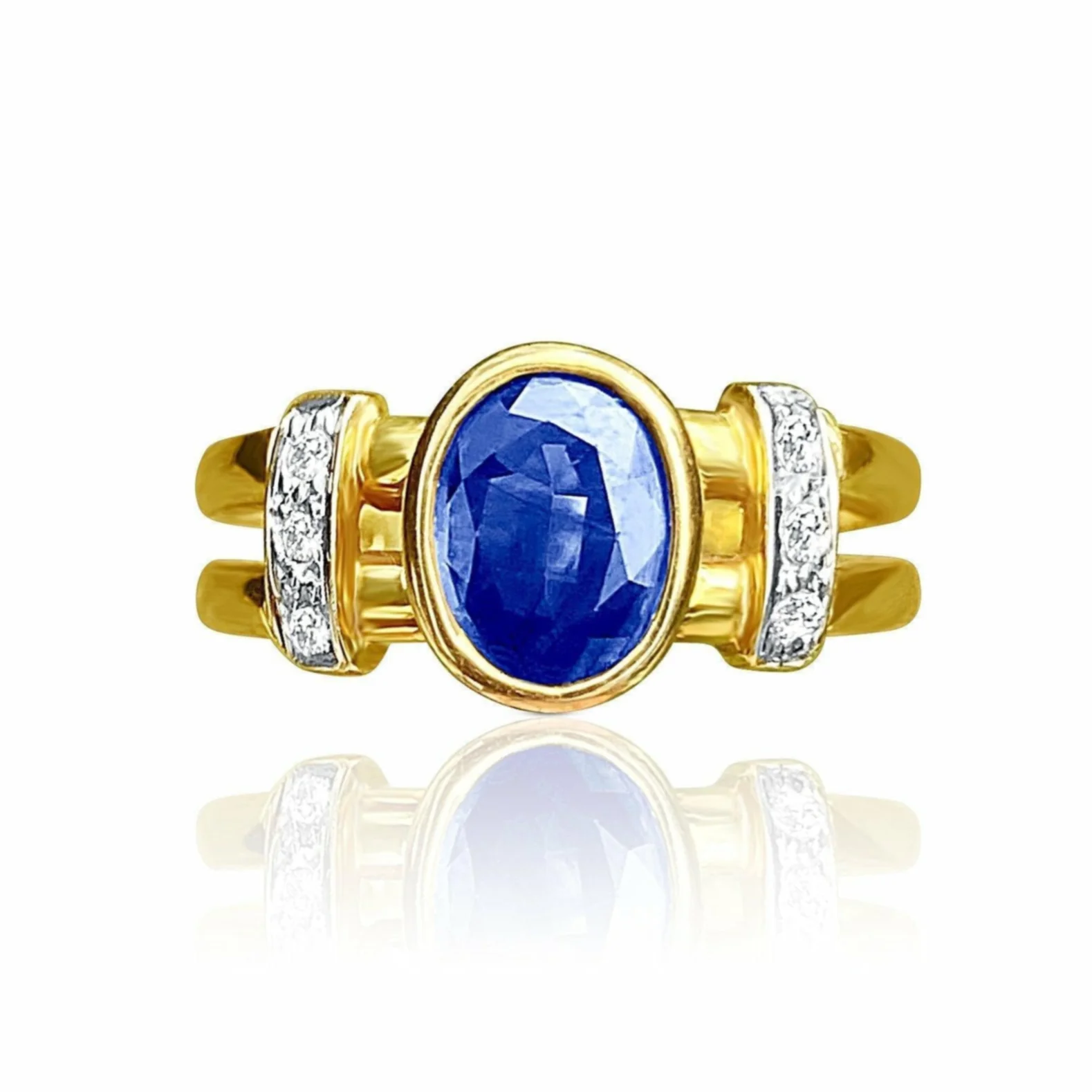 14k Solid Gold Split Shank Oval Cut Blue Sapphire Ring