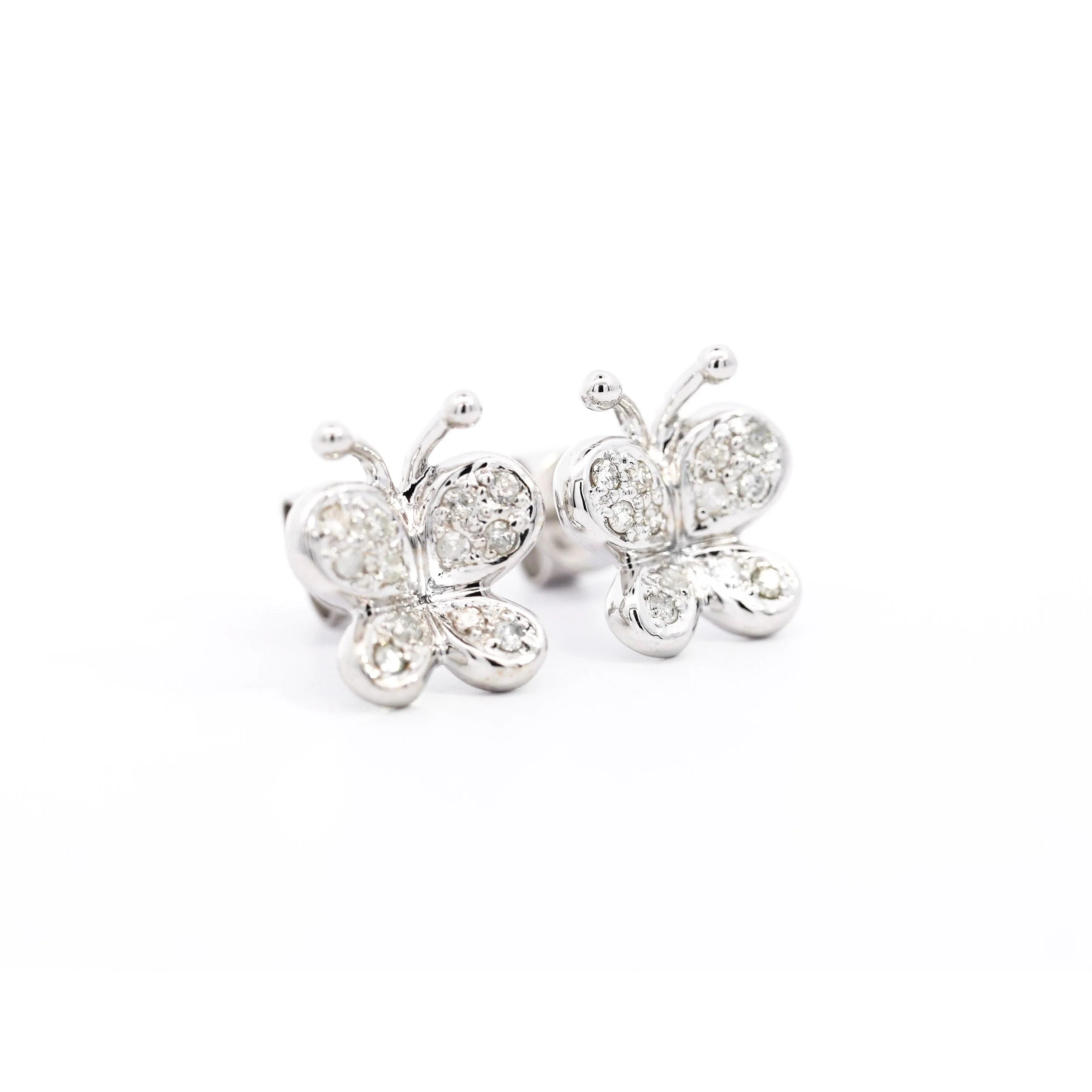 14K Solid White Gold Natural Diamond Cluster Butterfly Stud Earring - Image 2
