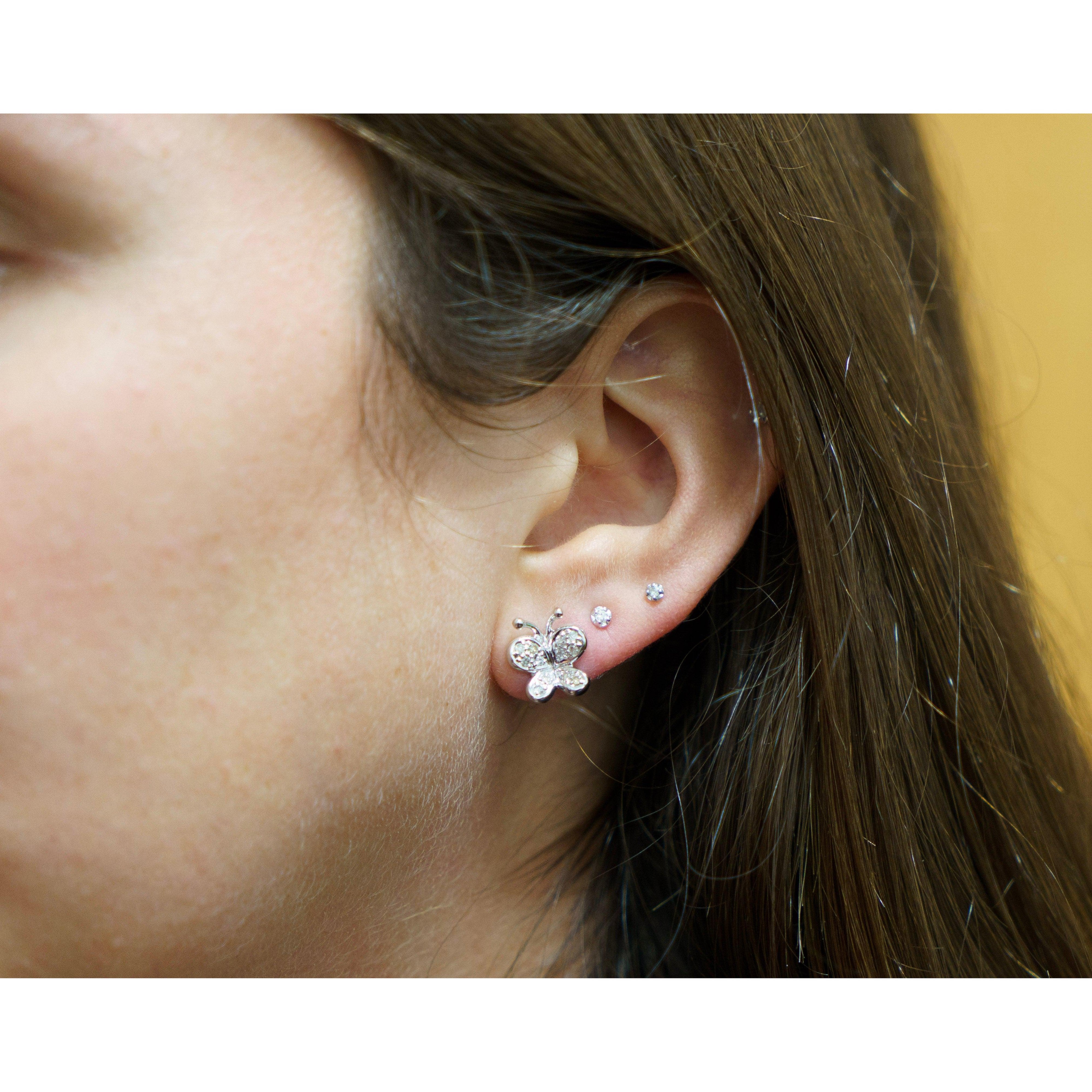 14K Solid White Gold Natural Diamond Cluster Butterfly Stud Earring - Image 3