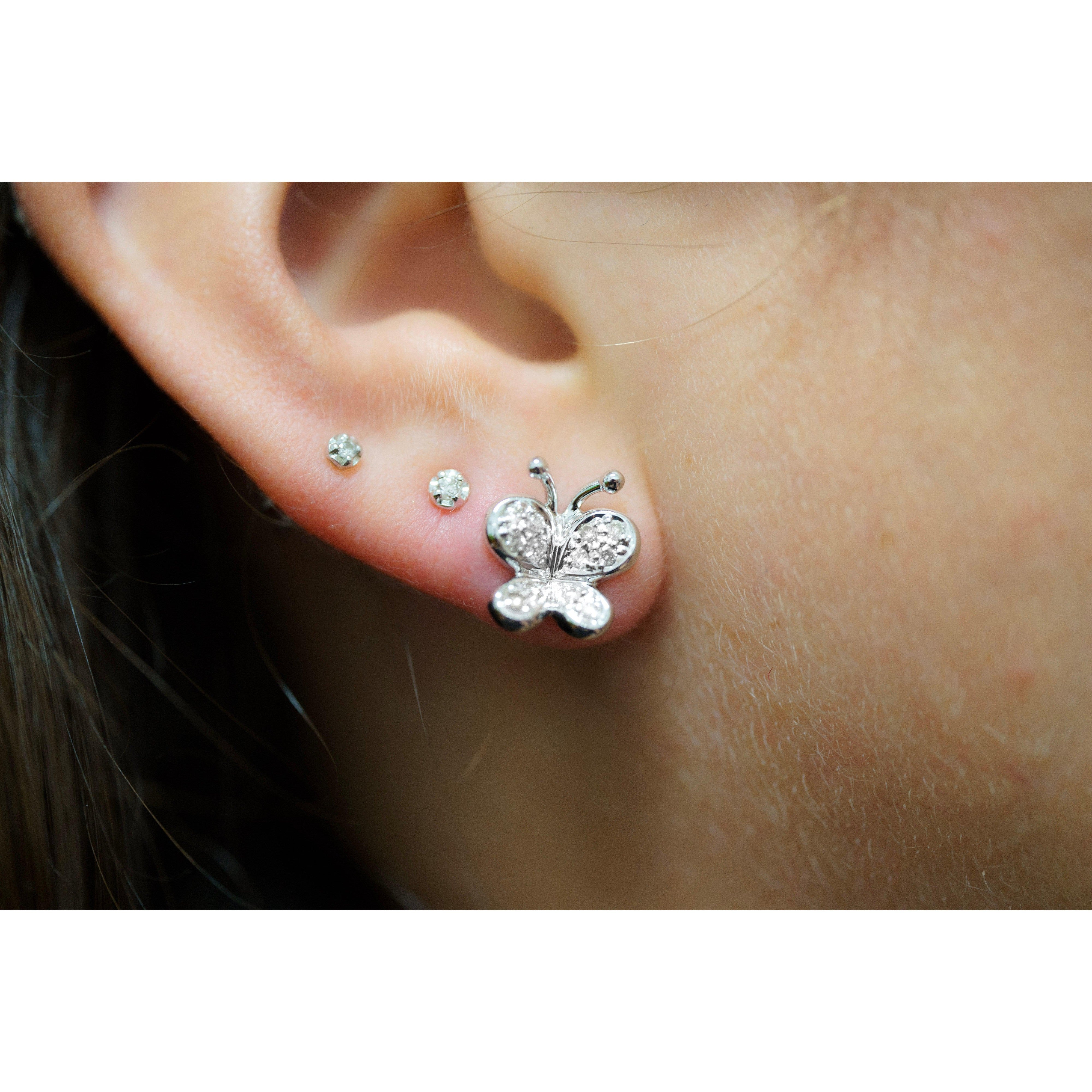 14K Solid White Gold Natural Diamond Cluster Butterfly Stud Earring - Image 4