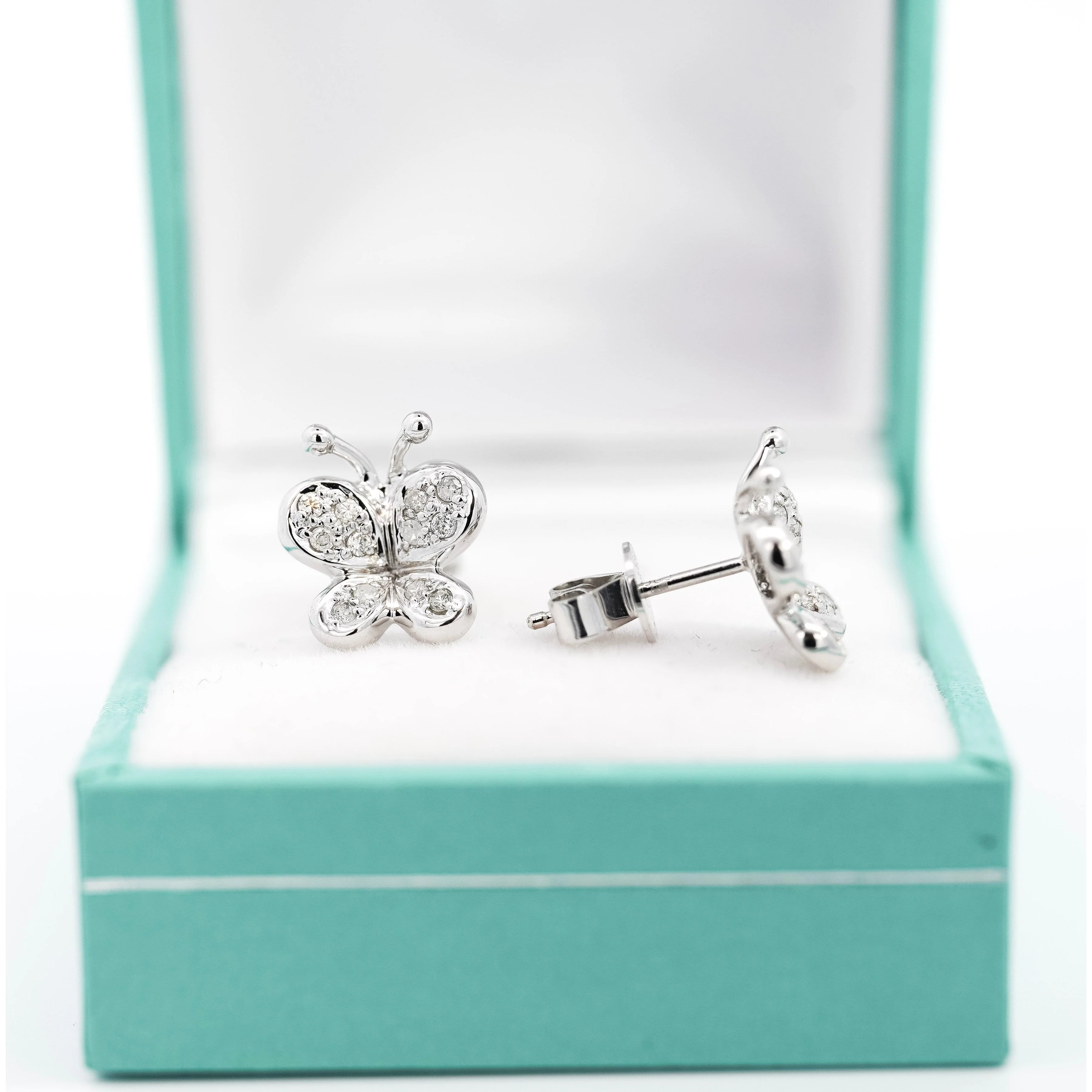 14K Solid White Gold Natural Diamond Cluster Butterfly Stud Earring - Image 6