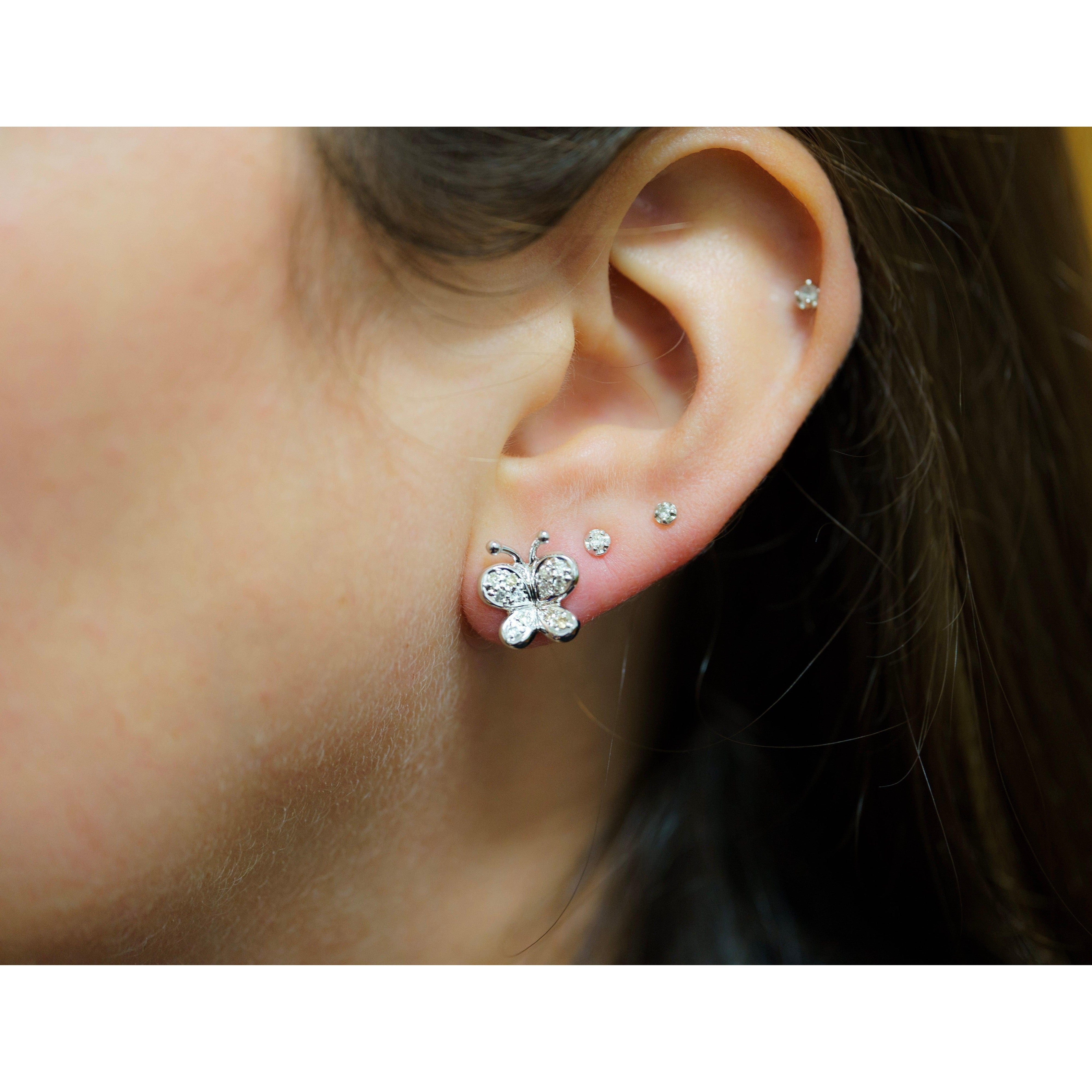 14K Solid White Gold Natural Diamond Cluster Butterfly Stud Earring - Image 7
