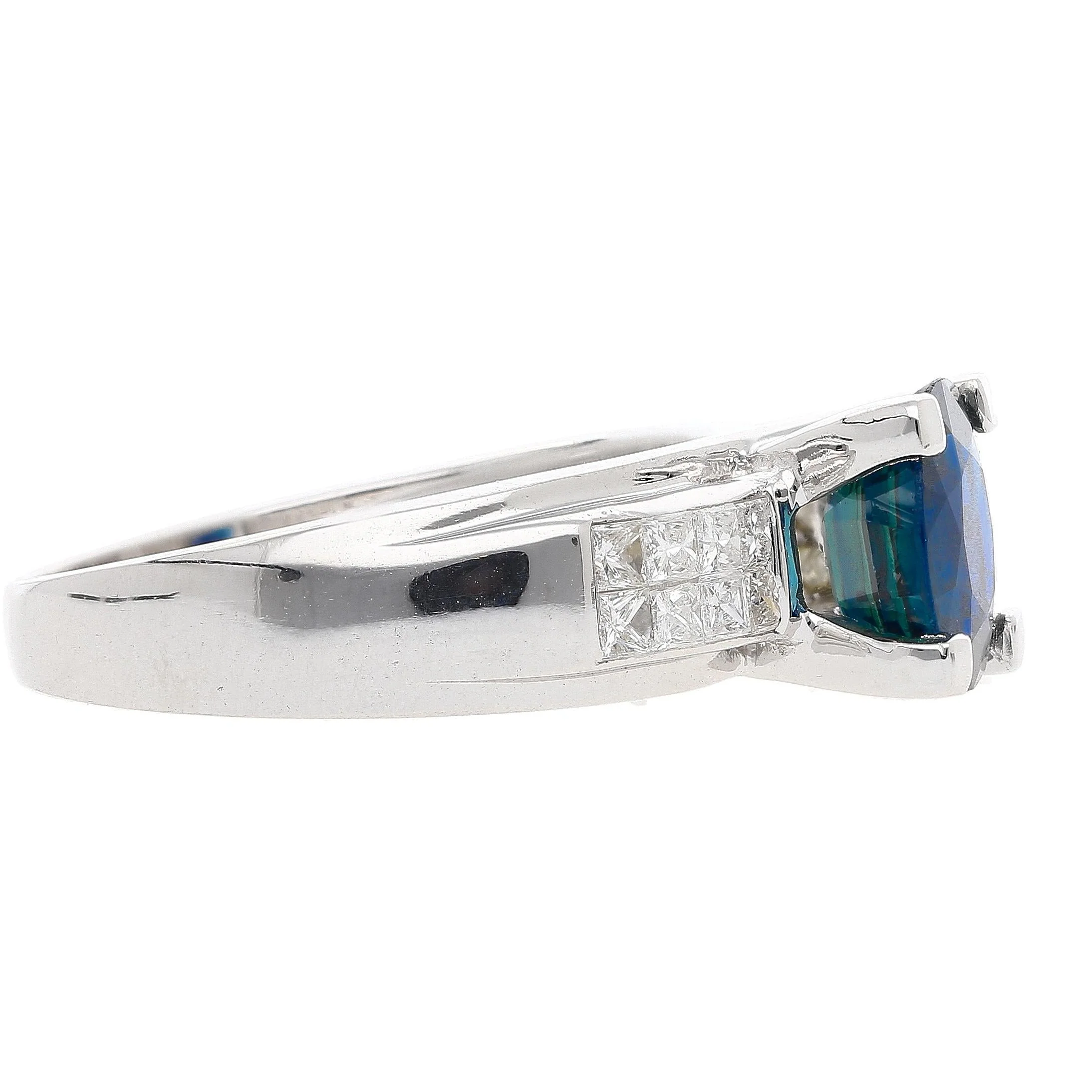 14K White Gold 1.56 Carat Oval Blue Sapphire and Invisible Cluster Diamond Ring - Image 6
