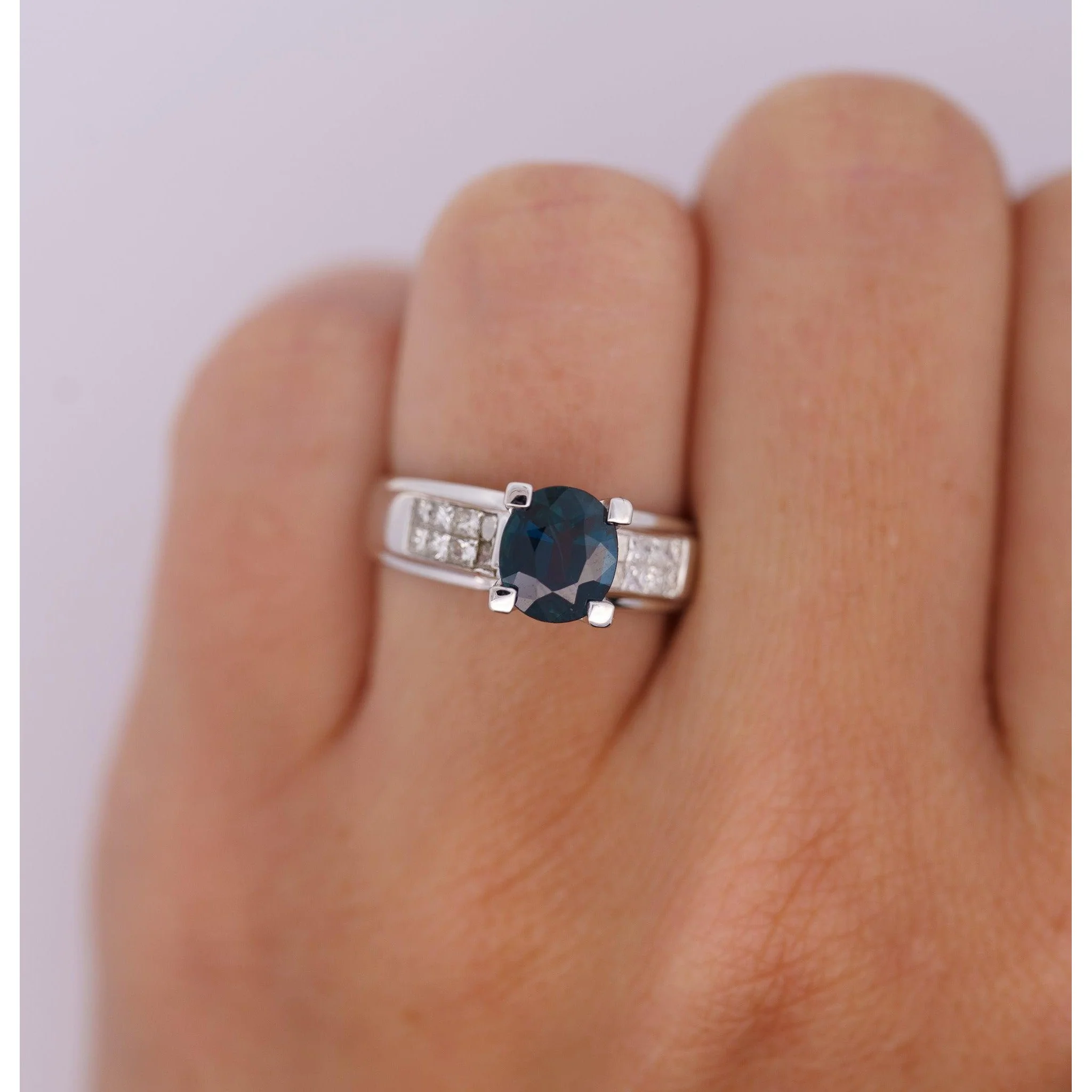 14K White Gold 1.56 Carat Oval Blue Sapphire and Invisible Cluster Diamond Ring - Image 8