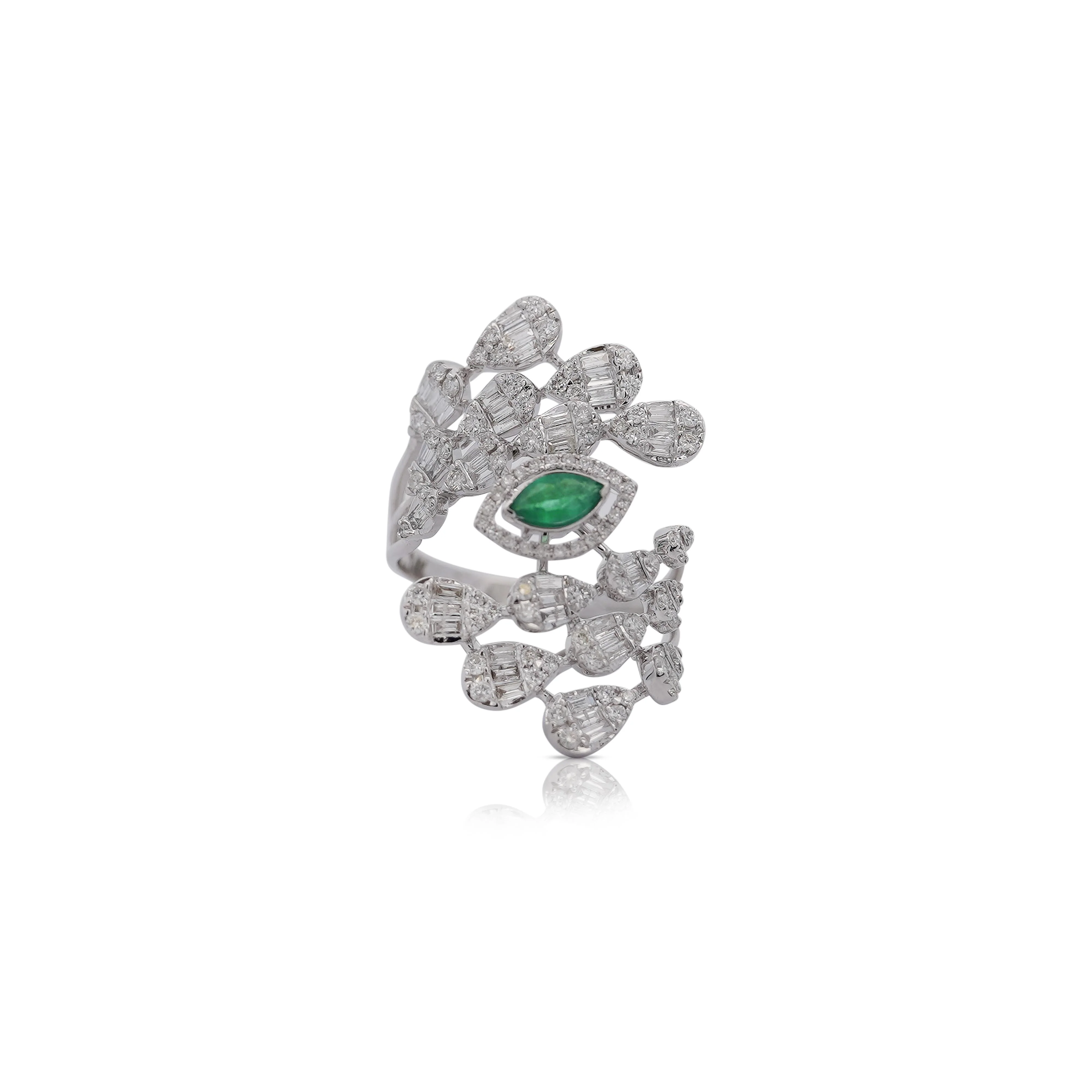 14K White Gold Bypass Diamond & Emerald Snowstorm Ring - Image 2