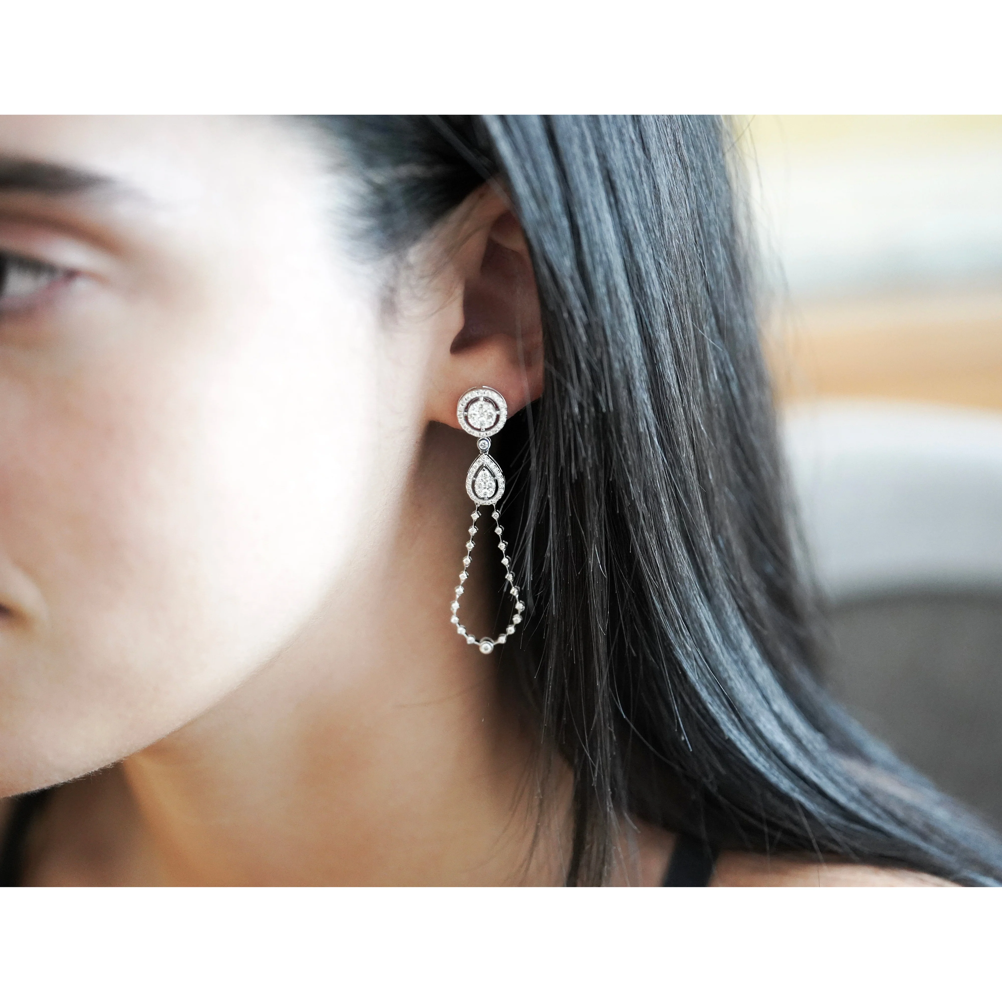 14K White Gold Diamond Halo Forming Circle Hang Drop Earrings - Image 3