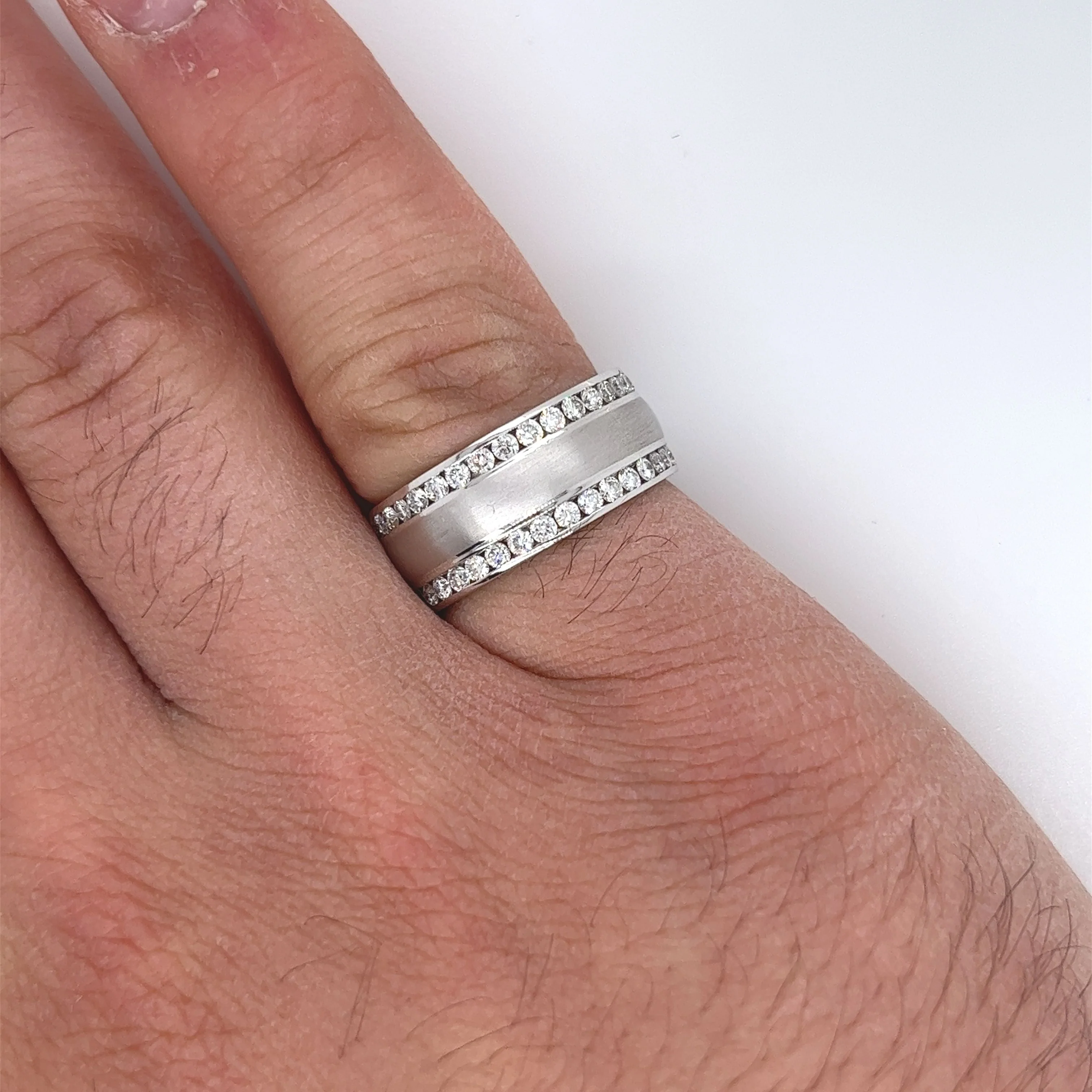 14K White Gold Double Row Diamond Band With Brushed Matte Finish Center - Image 4