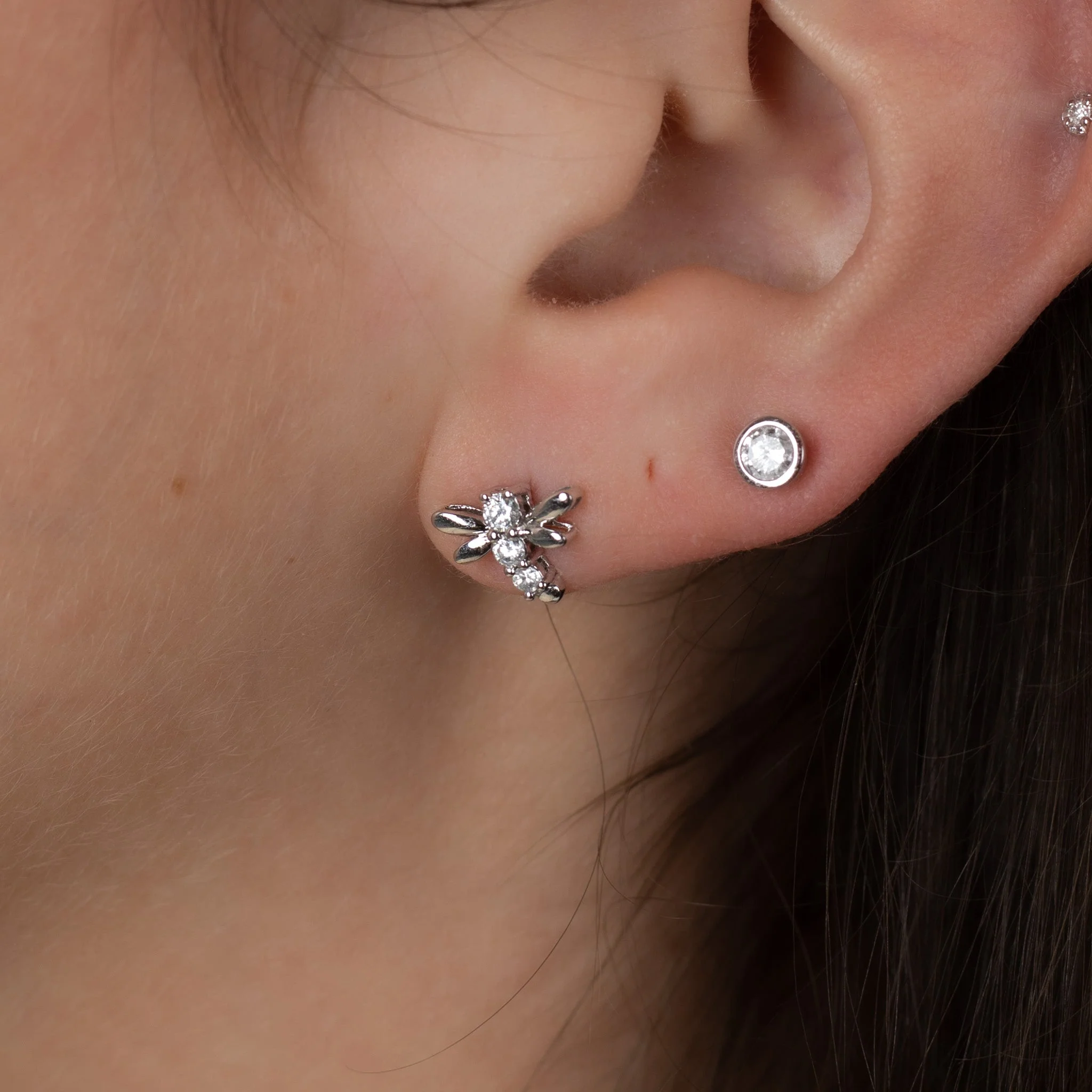 14K White Gold Dragonfly Stud Earrings | Emerald, Ruby, Diamond - Image 2