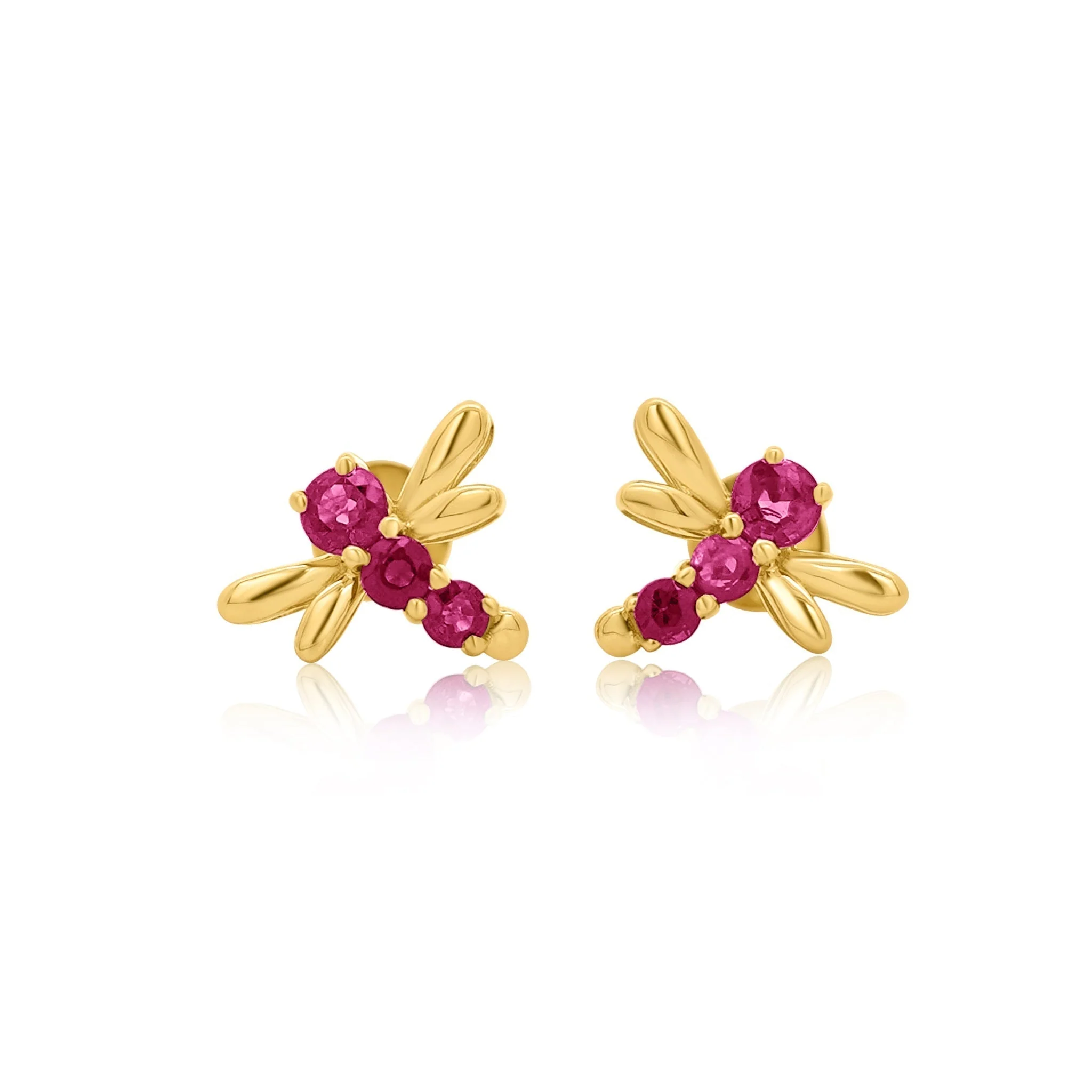 14K White Gold Dragonfly Stud Earrings | Emerald, Ruby, Diamond - Image 4