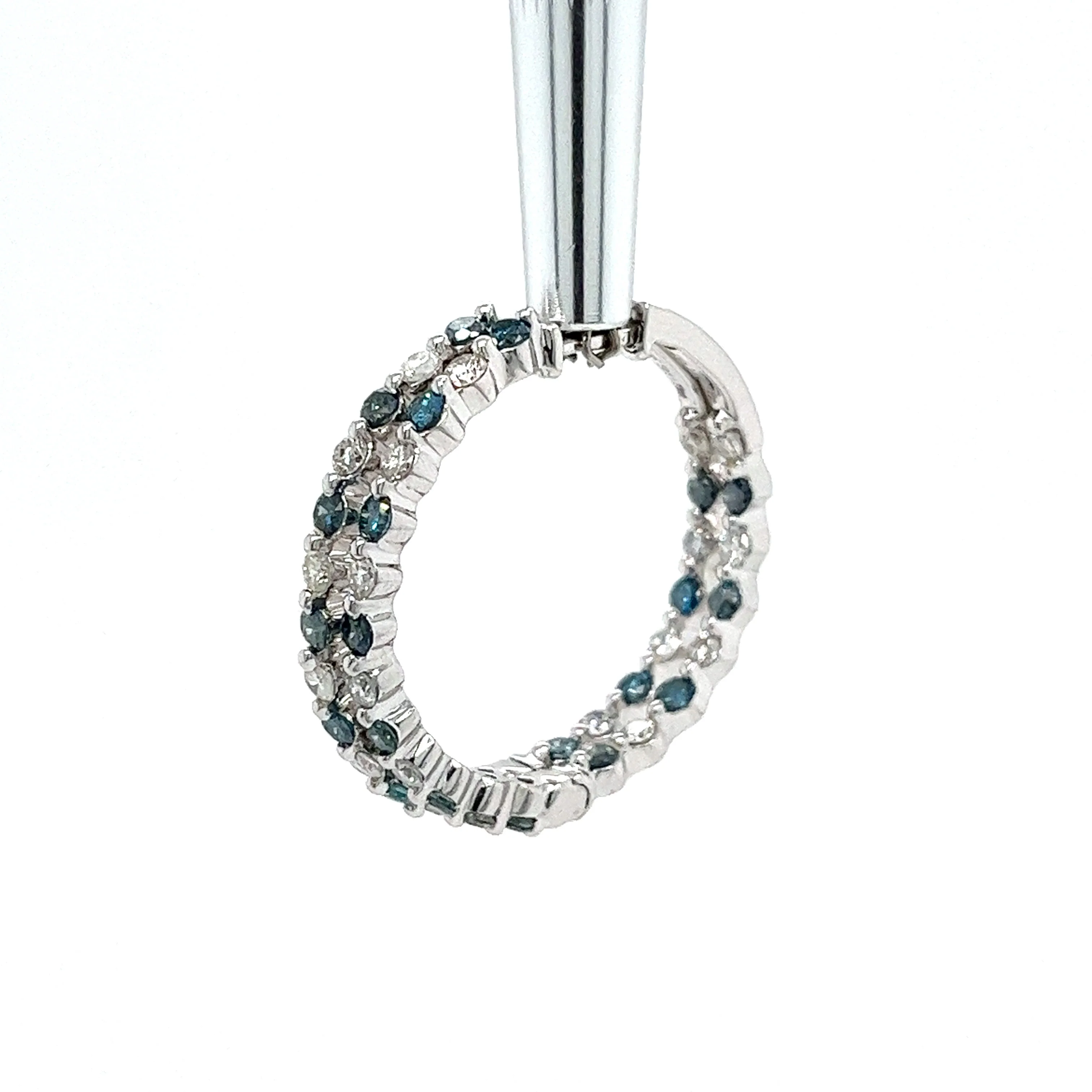 14k White Gold Inside Out Hoop Earrings with White & Blue Diamonds - Image 3