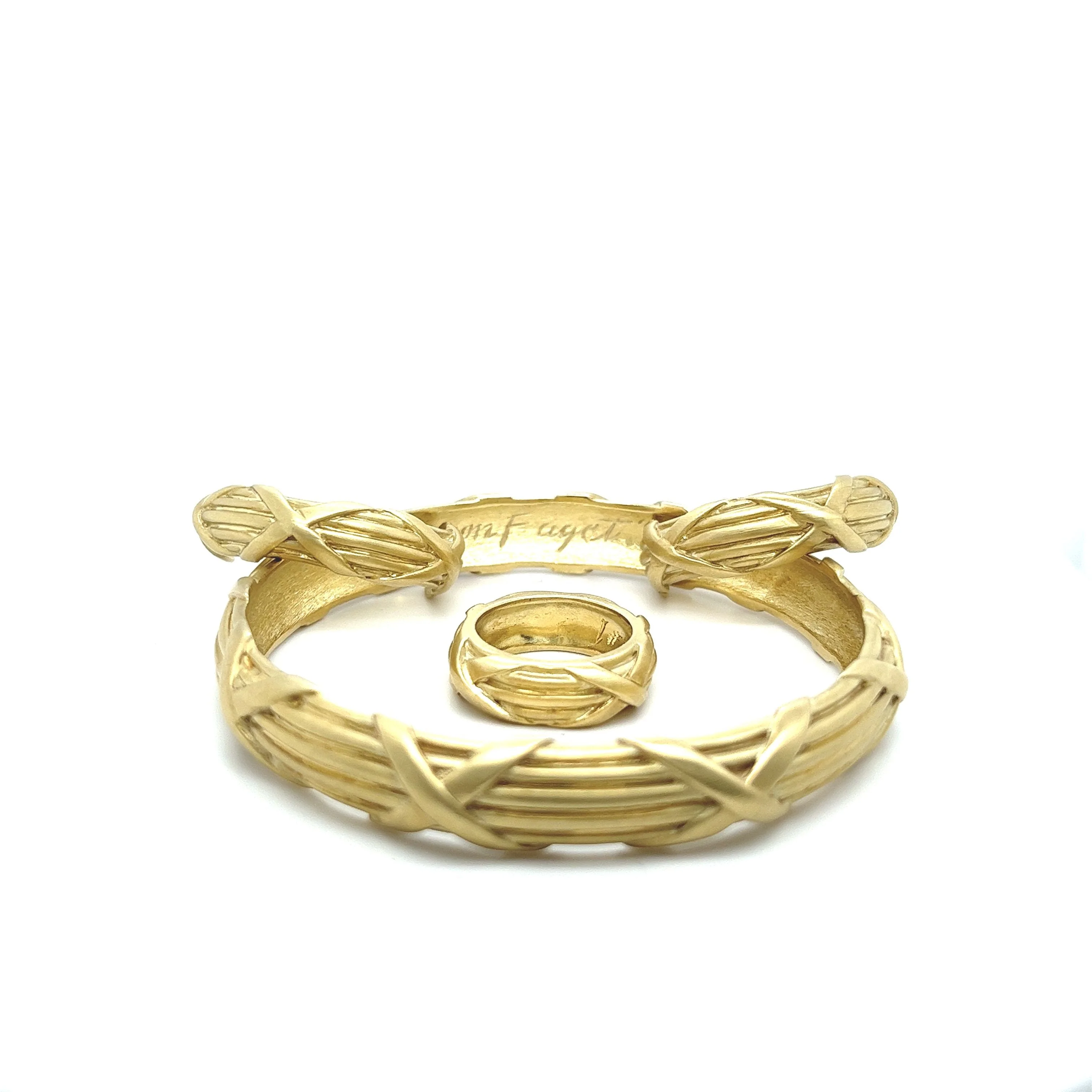 14K Brushed Gold Earring, Ring and Bangle Set | Mignon Faget Signed - Image 2