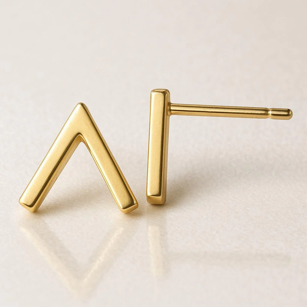14K Yellow Gold V Shape Stud Earrings On Push Backs - Image 3