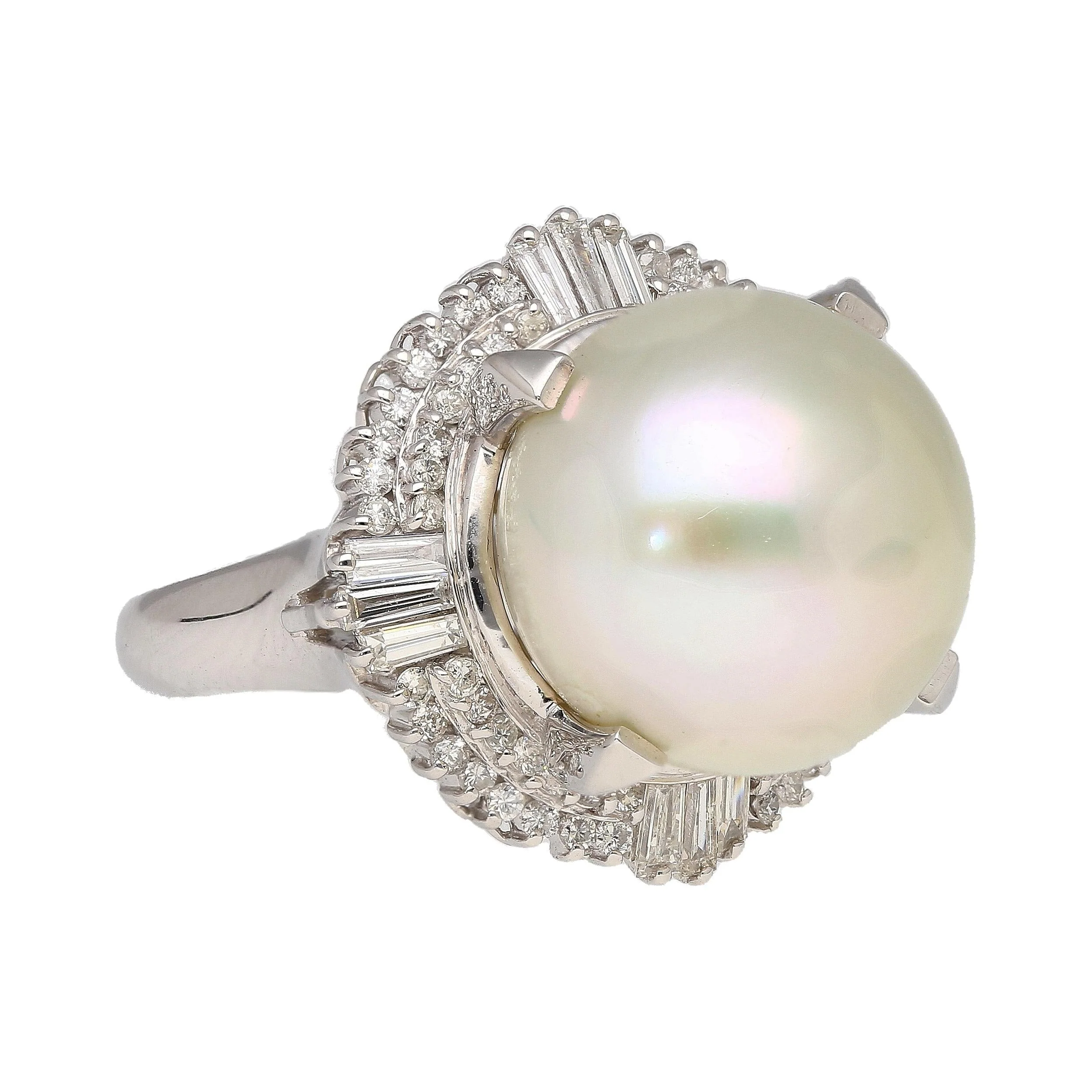 14mm Pearl with Baguette and Round Diamonds in Platinum Cocktail Ring - Image 2