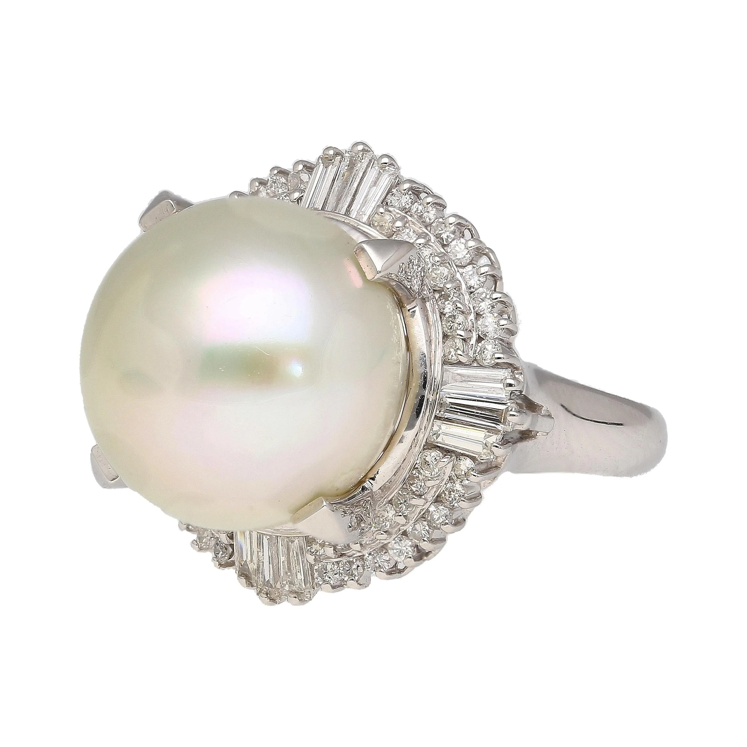 14mm Pearl with Baguette and Round Diamonds in Platinum Cocktail Ring - Image 6