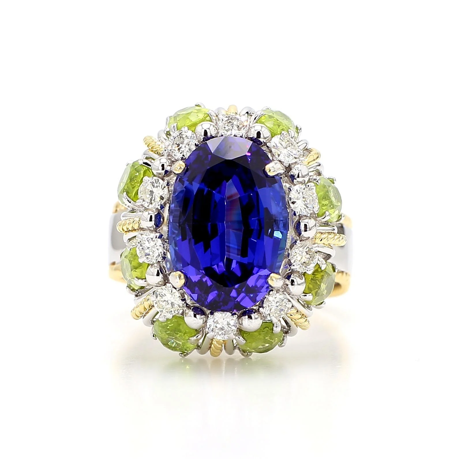 15.62 Carat Tanzanite, Peridot, Diamond Halo 18K White Gold Cluster Ring