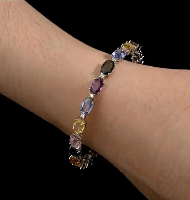 15.63 Carat Multi Color Sapphire & Diamond Bracelet in 18K White Gold Station - Image 3