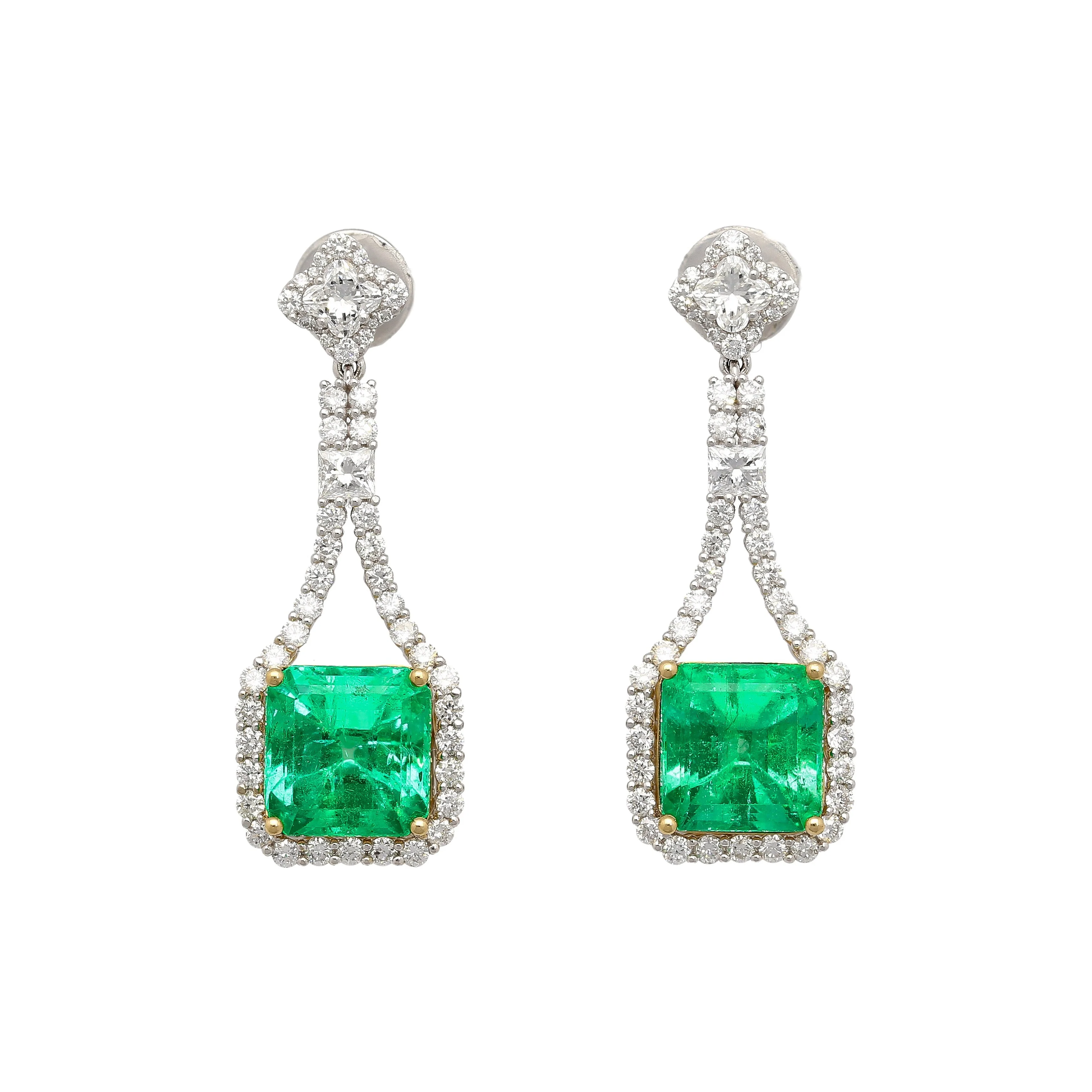 15 Carat Colombian Minor Oil Emerald & Diamond Dangle Earrings in 18K White Gold - Image 11