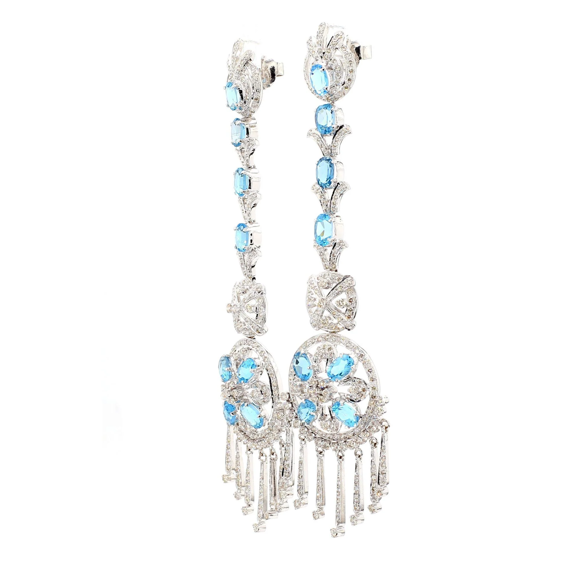 15 Carat Oval Aquamarine & Diamond 18K White Gold Retro Dangle Earrings - Image 3