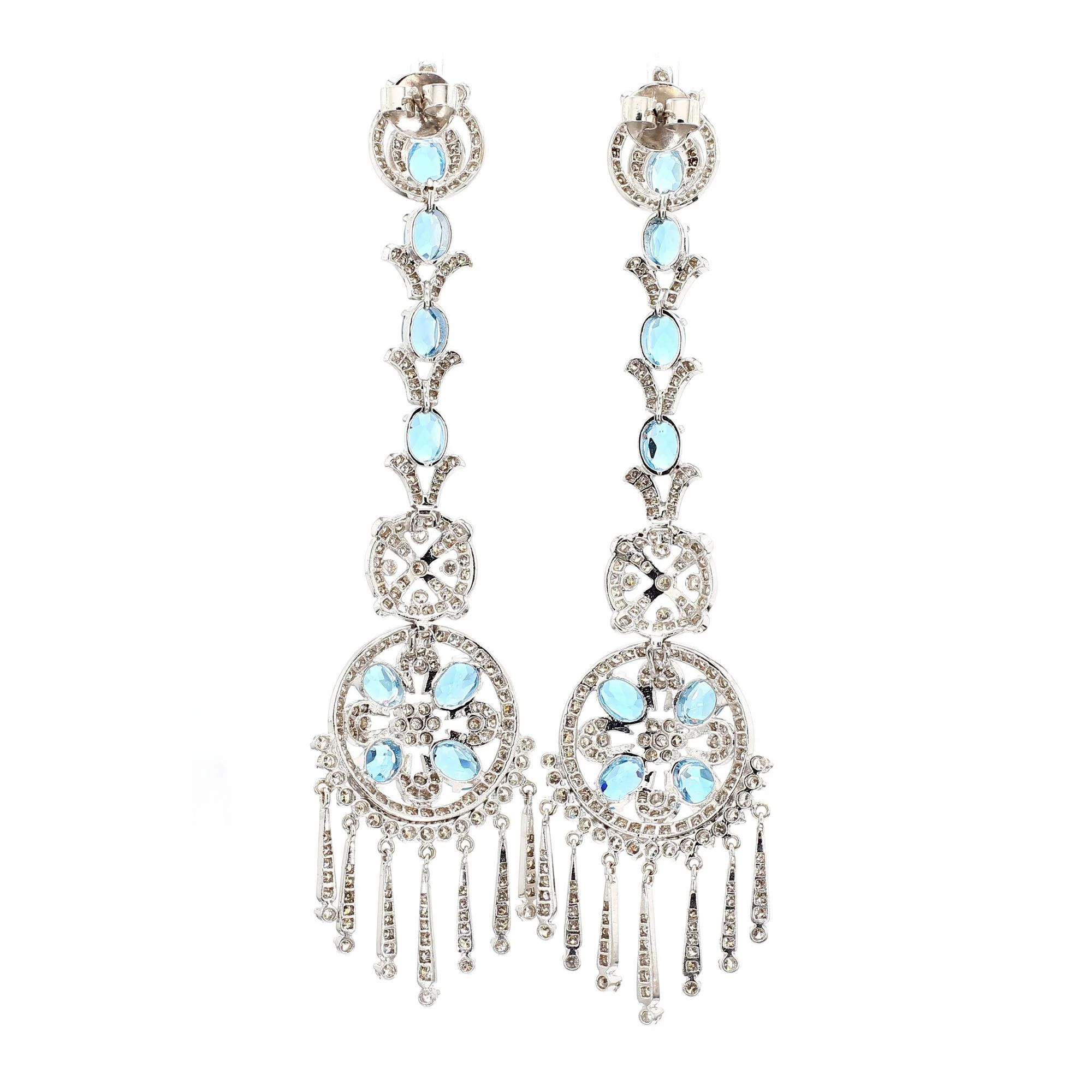 15 Carat Oval Aquamarine & Diamond 18K White Gold Retro Dangle Earrings - Image 4