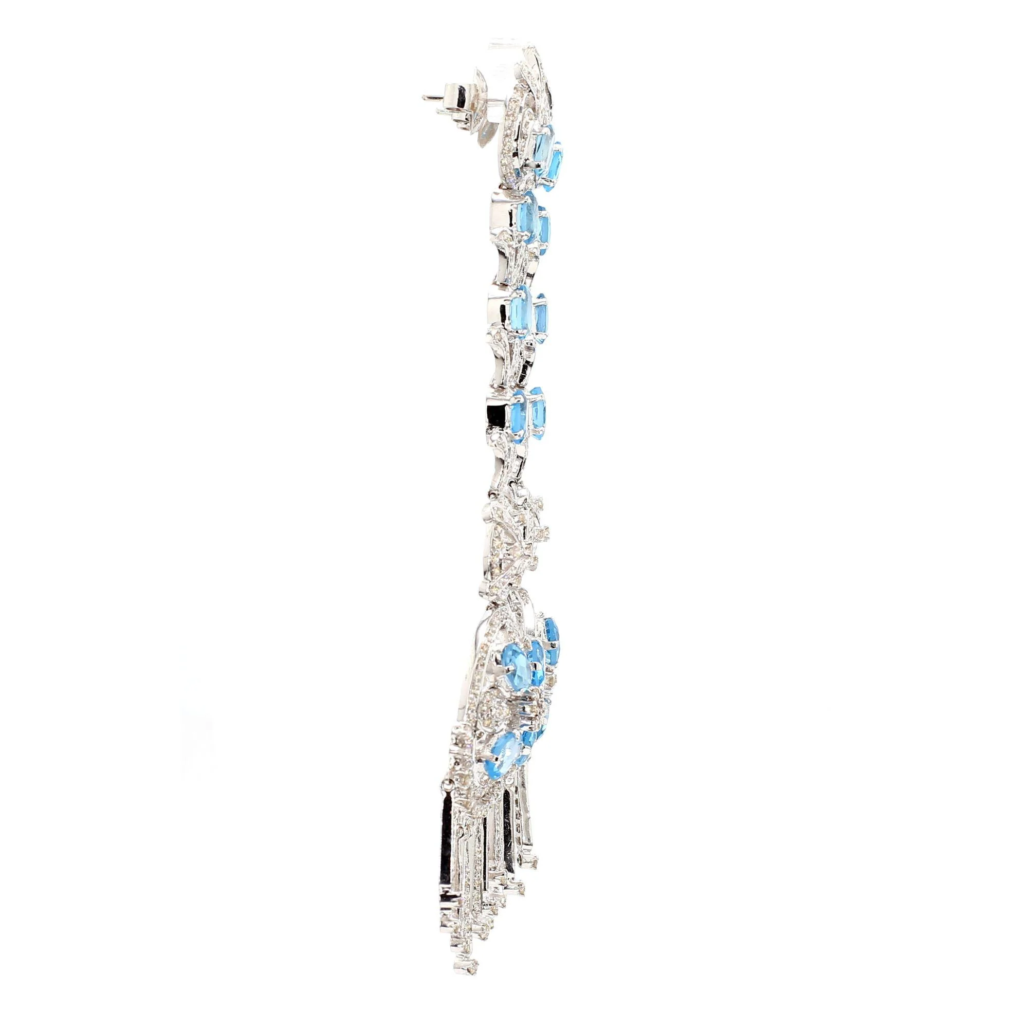 15 Carat Oval Aquamarine & Diamond 18K White Gold Retro Dangle Earrings - Image 7