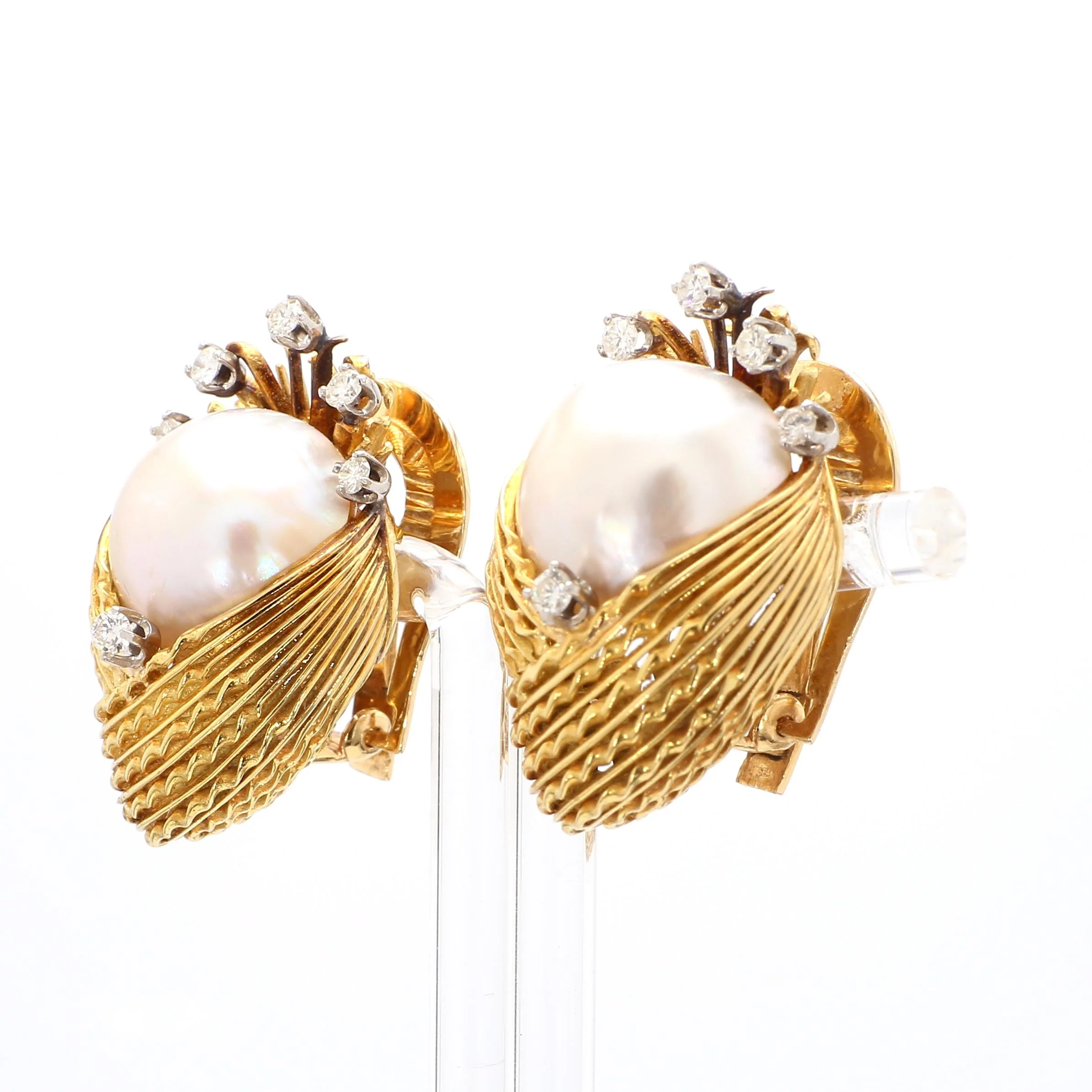 15mm Mabe Pearl & Diamond 14K Gold Retro Era Lever Back Earrings - Image 3