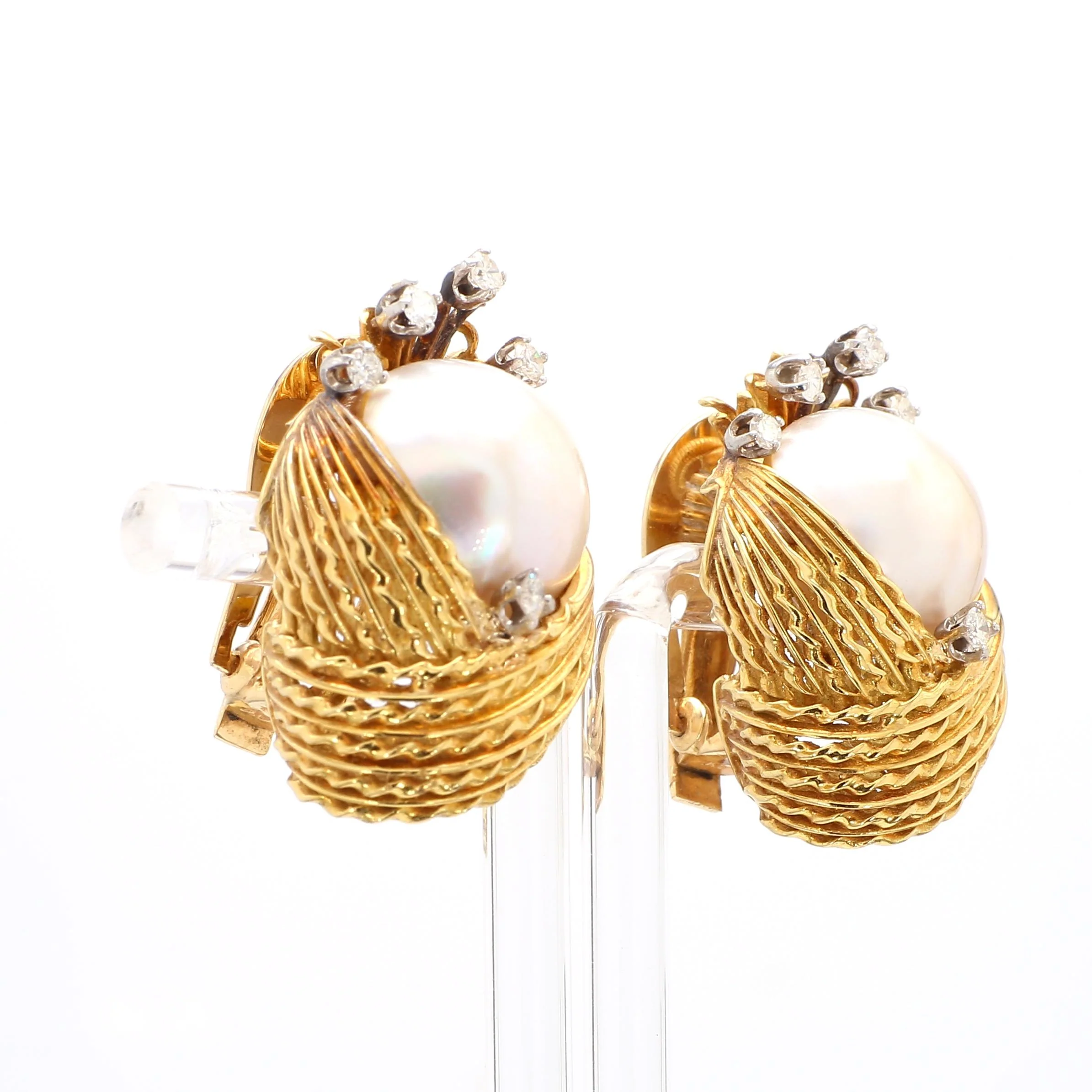 15mm Mabe Pearl & Diamond 14K Gold Retro Era Lever Back Earrings - Image 4