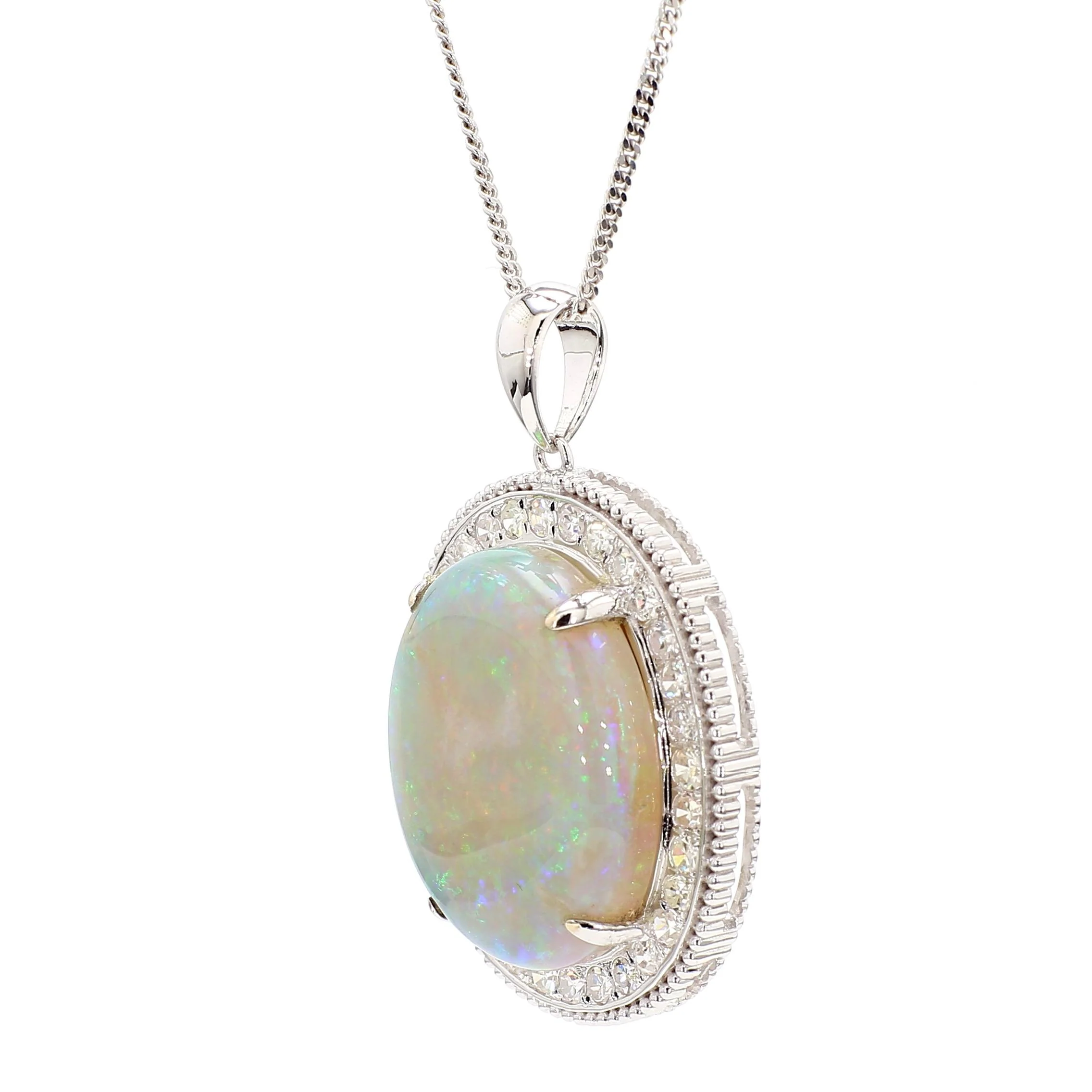 17.59 Carat White Opal & Diamond Halo Milgrain 18K White Gold Vintage Pendant - Image 3