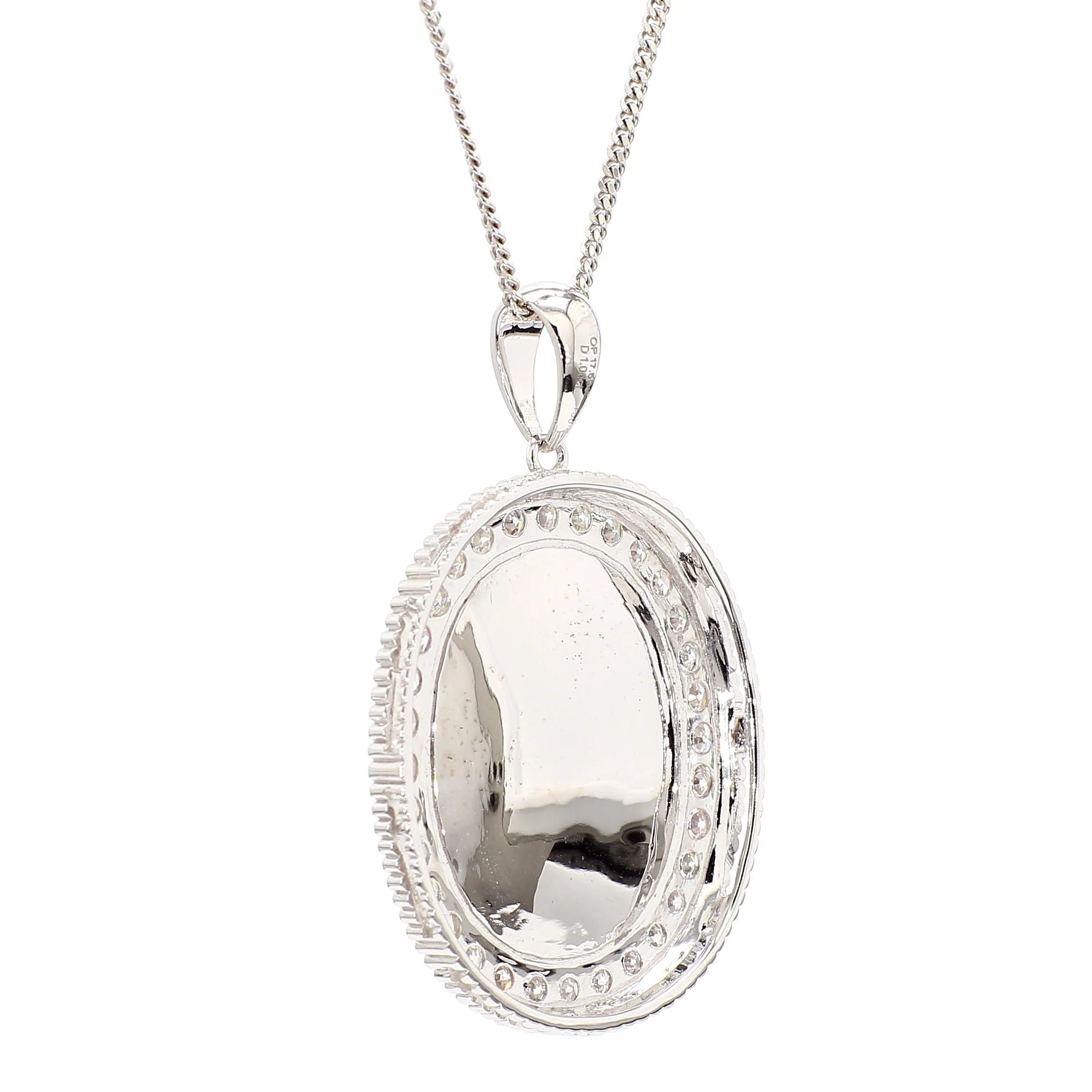 17.59 Carat White Opal & Diamond Halo Milgrain 18K White Gold Vintage Pendant - Image 4