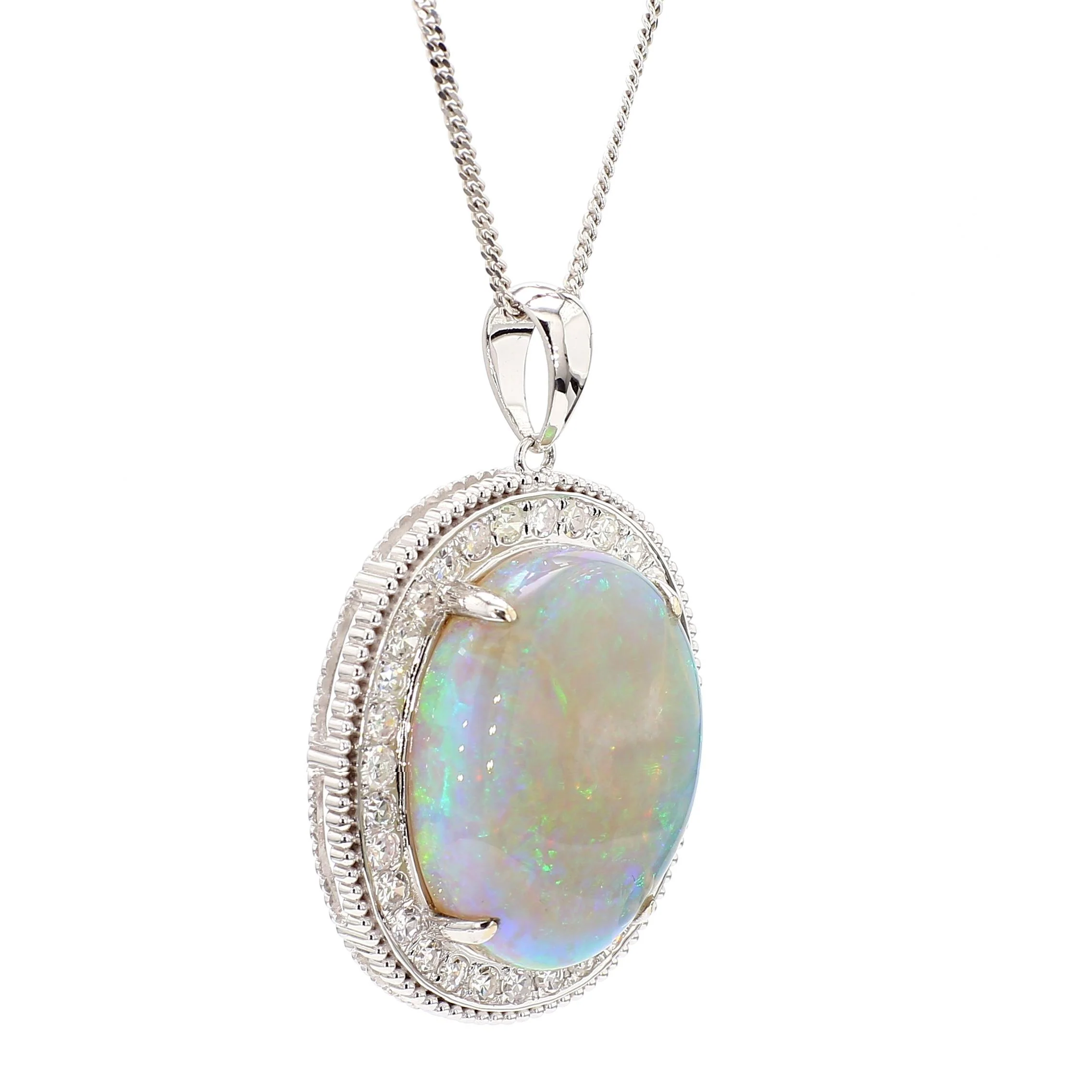17.59 Carat White Opal & Diamond Halo Milgrain 18K White Gold Vintage Pendant - Image 7