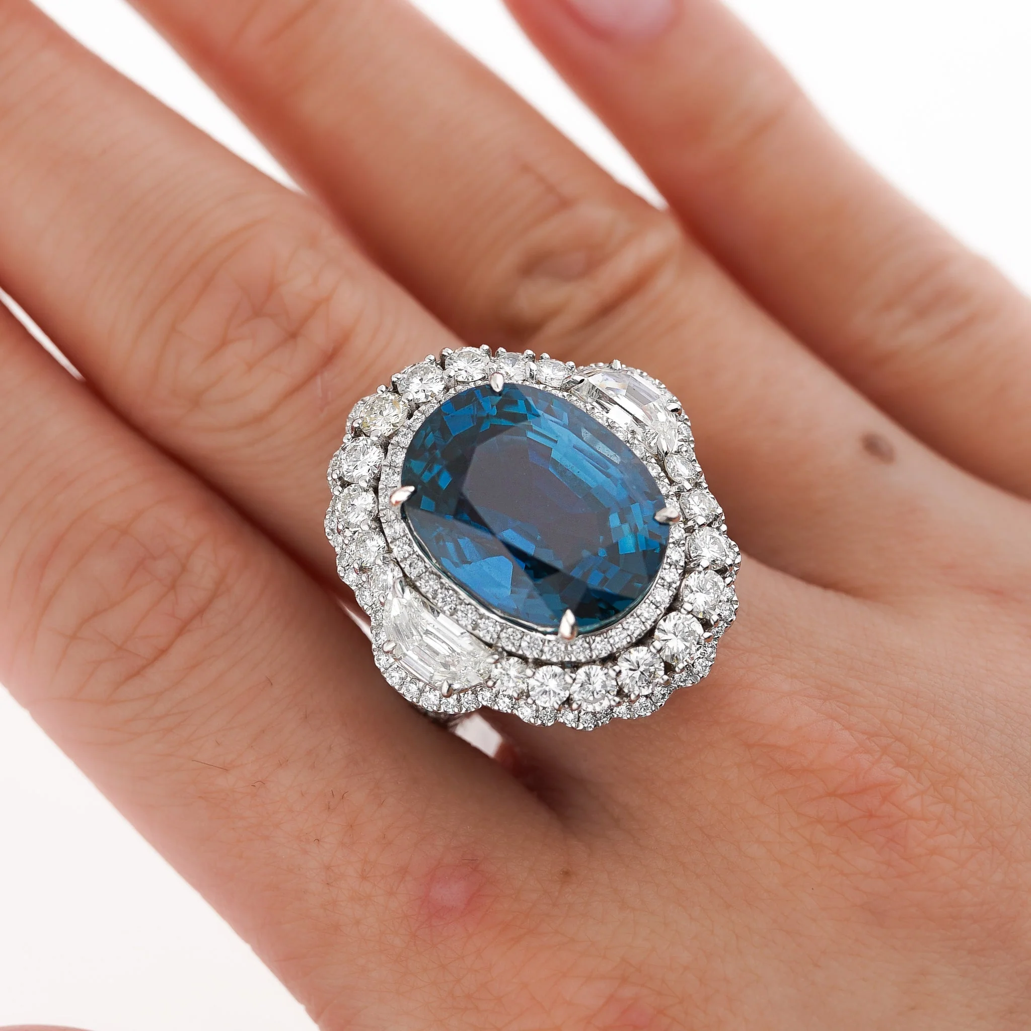 GRS Certified 18.16 Carat No Heat Mogok Burma Oval Cut Blue Sapphire and Diamond Ring - Image 11