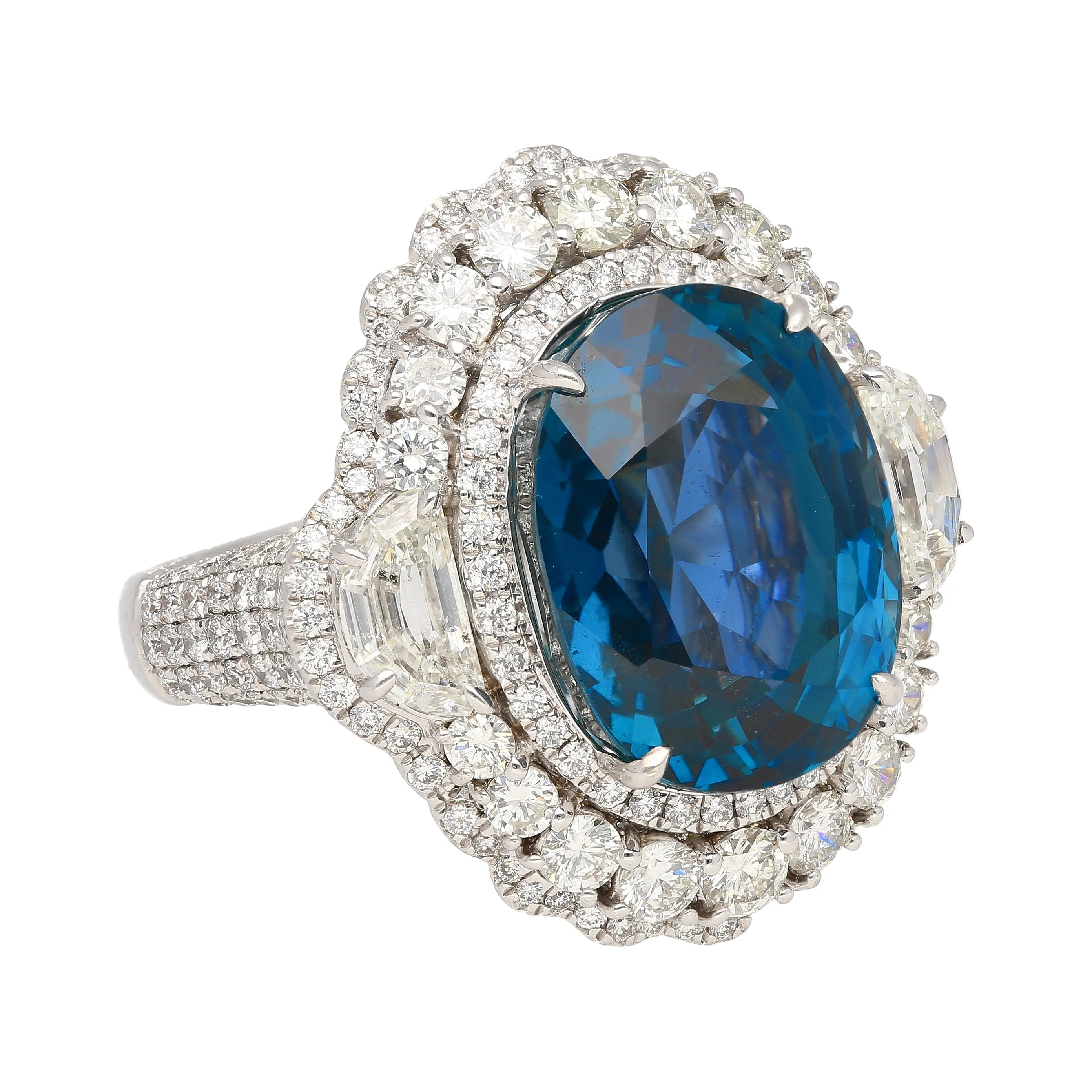 GRS Certified 18.16 Carat No Heat Mogok Burma Oval Cut Blue Sapphire and Diamond Ring - Image 2
