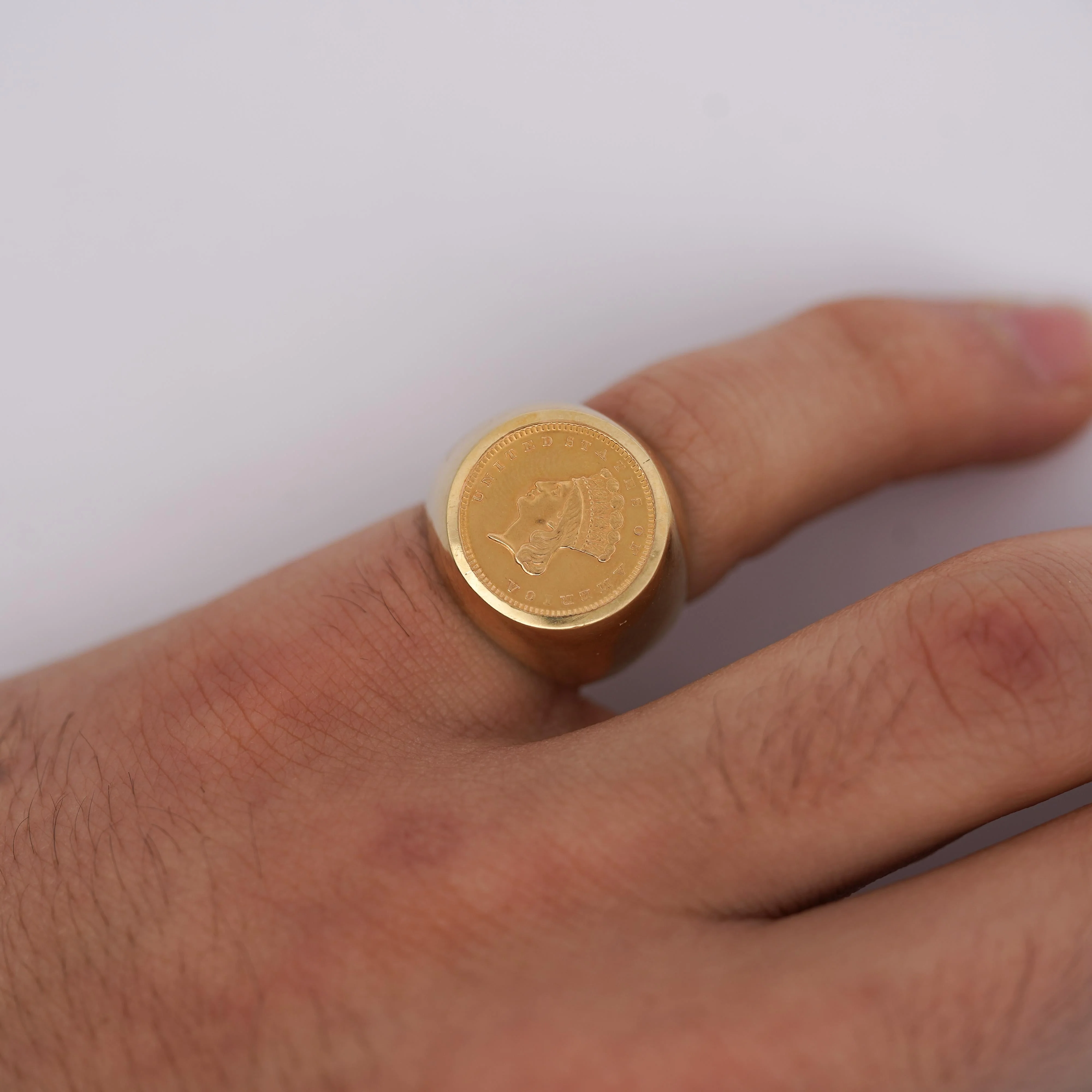1856 Lady Liberty 1 Dollar Coin in 10K Gold Bezel Unisex Signet Ring - Image 3