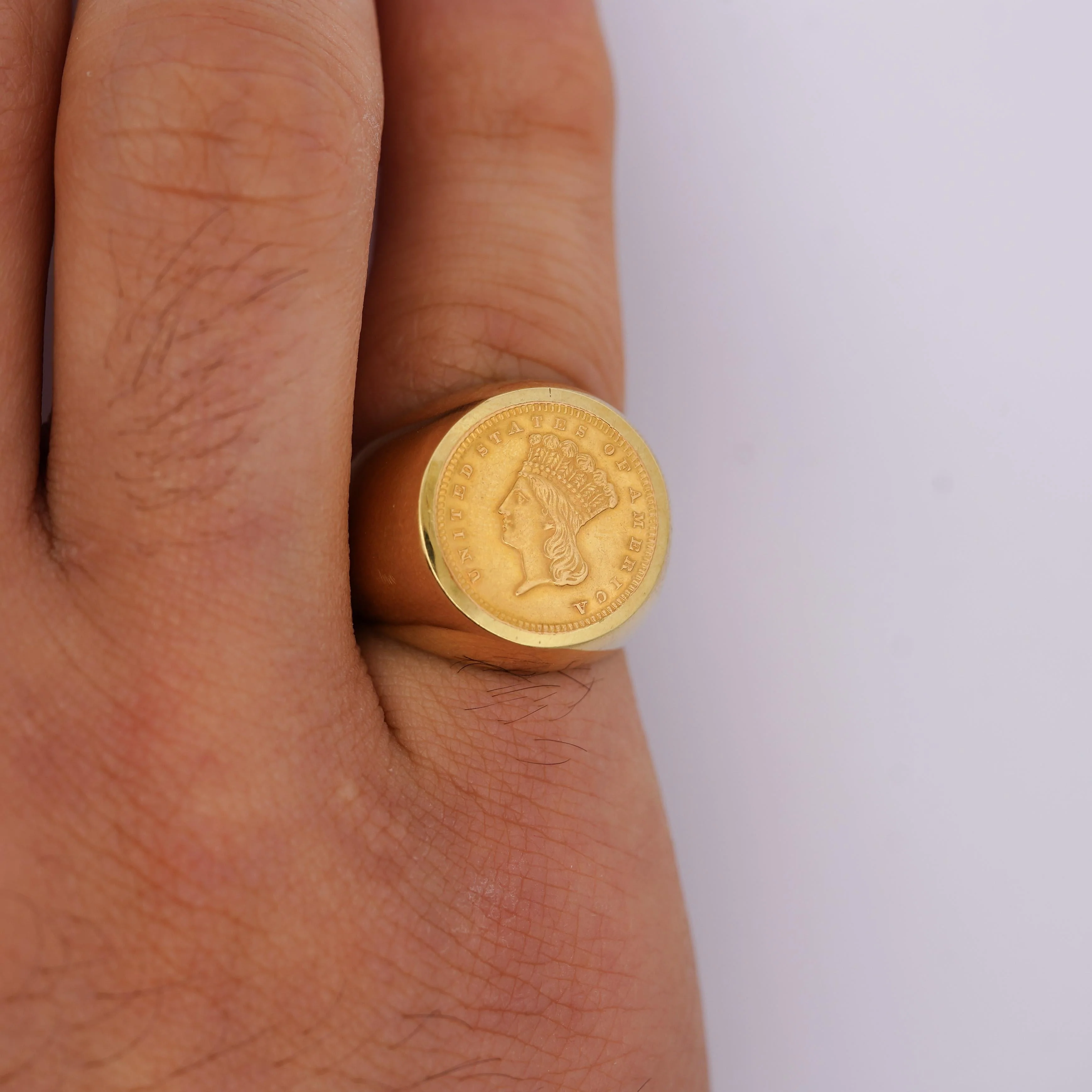1856 Lady Liberty 1 Dollar Coin in 10K Gold Bezel Unisex Signet Ring - Image 4