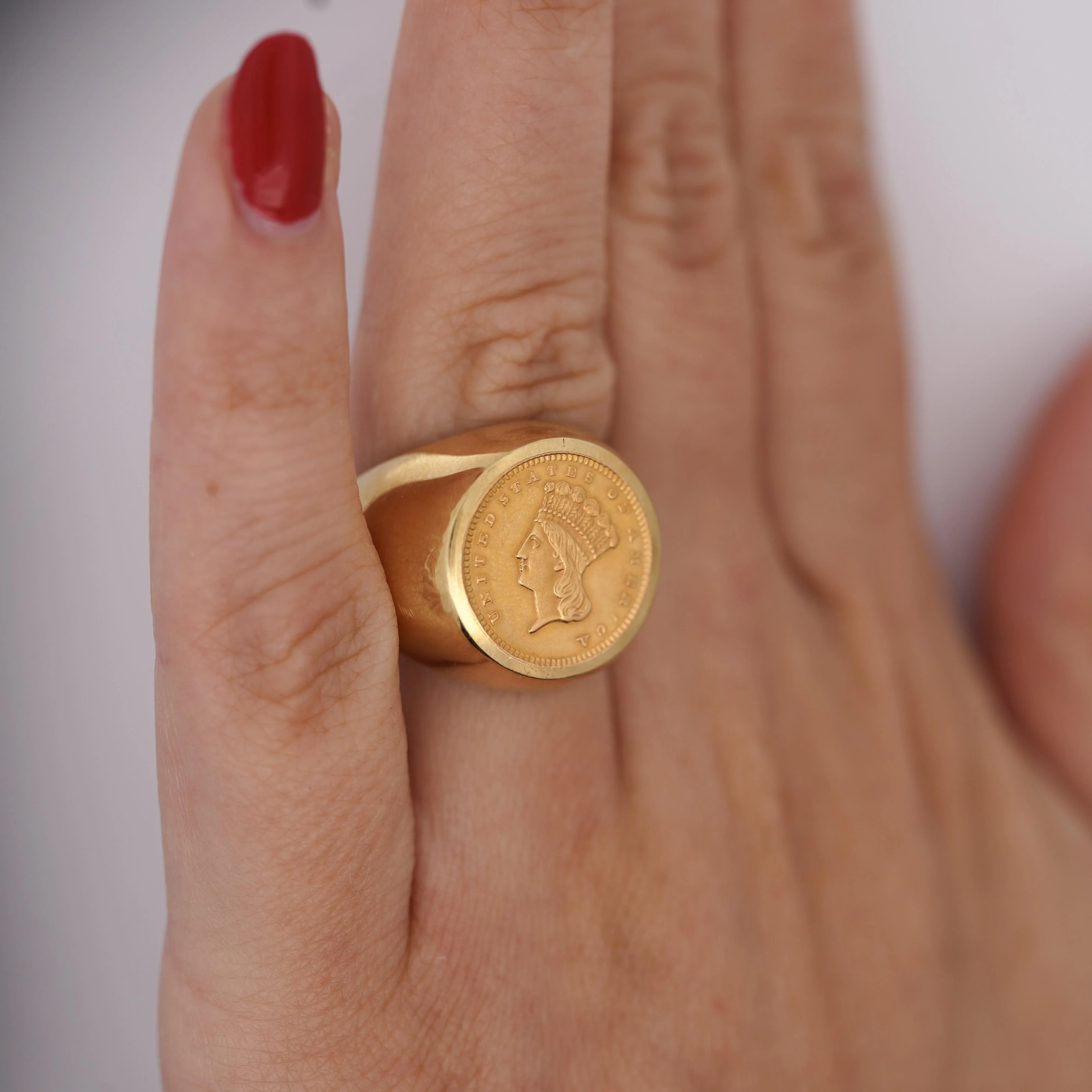 1856 Lady Liberty 1 Dollar Coin in 10K Gold Bezel Unisex Signet Ring - Image 5