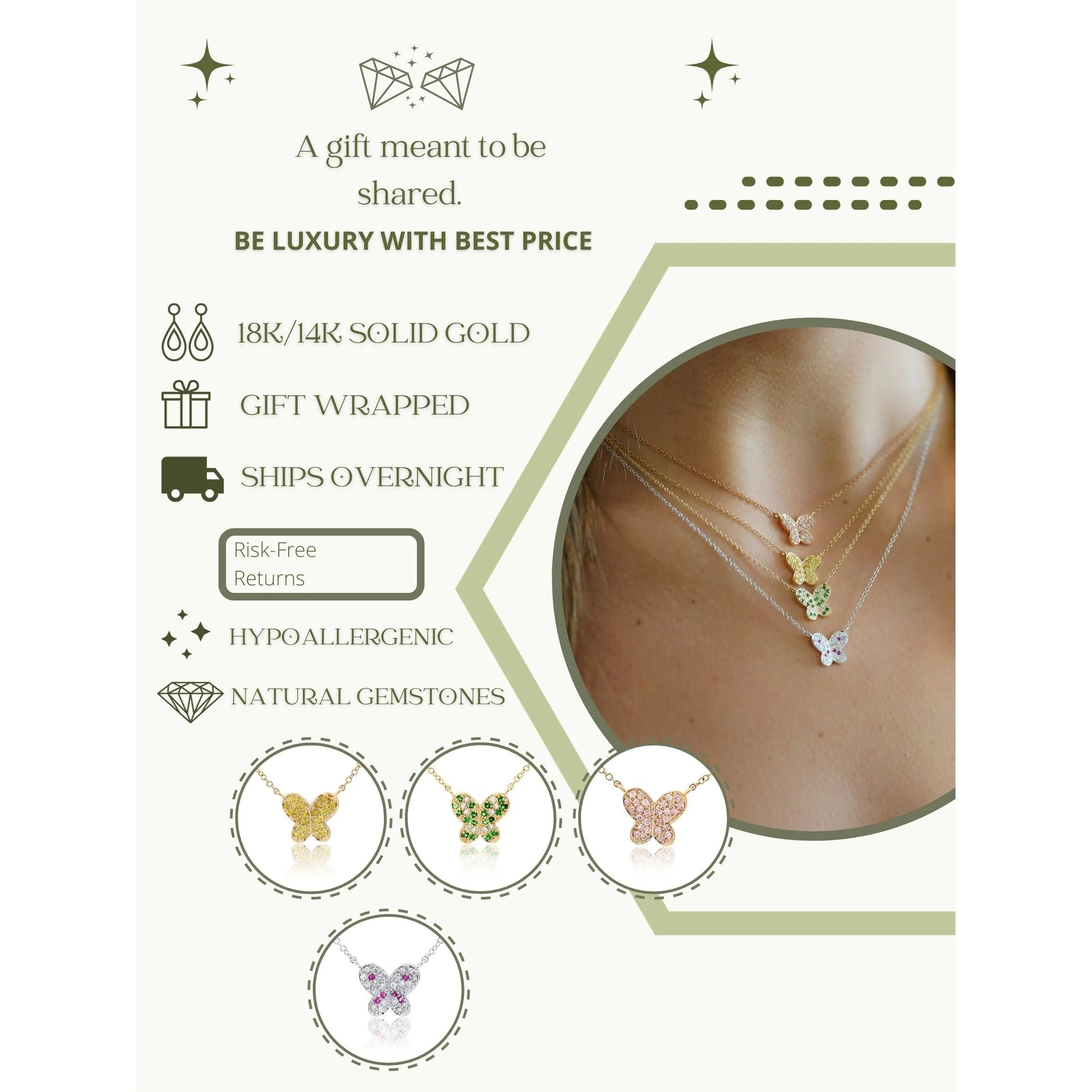 Gold Gemstone Butterfly Cluster Floating Pendant Necklace 18 - Image 13