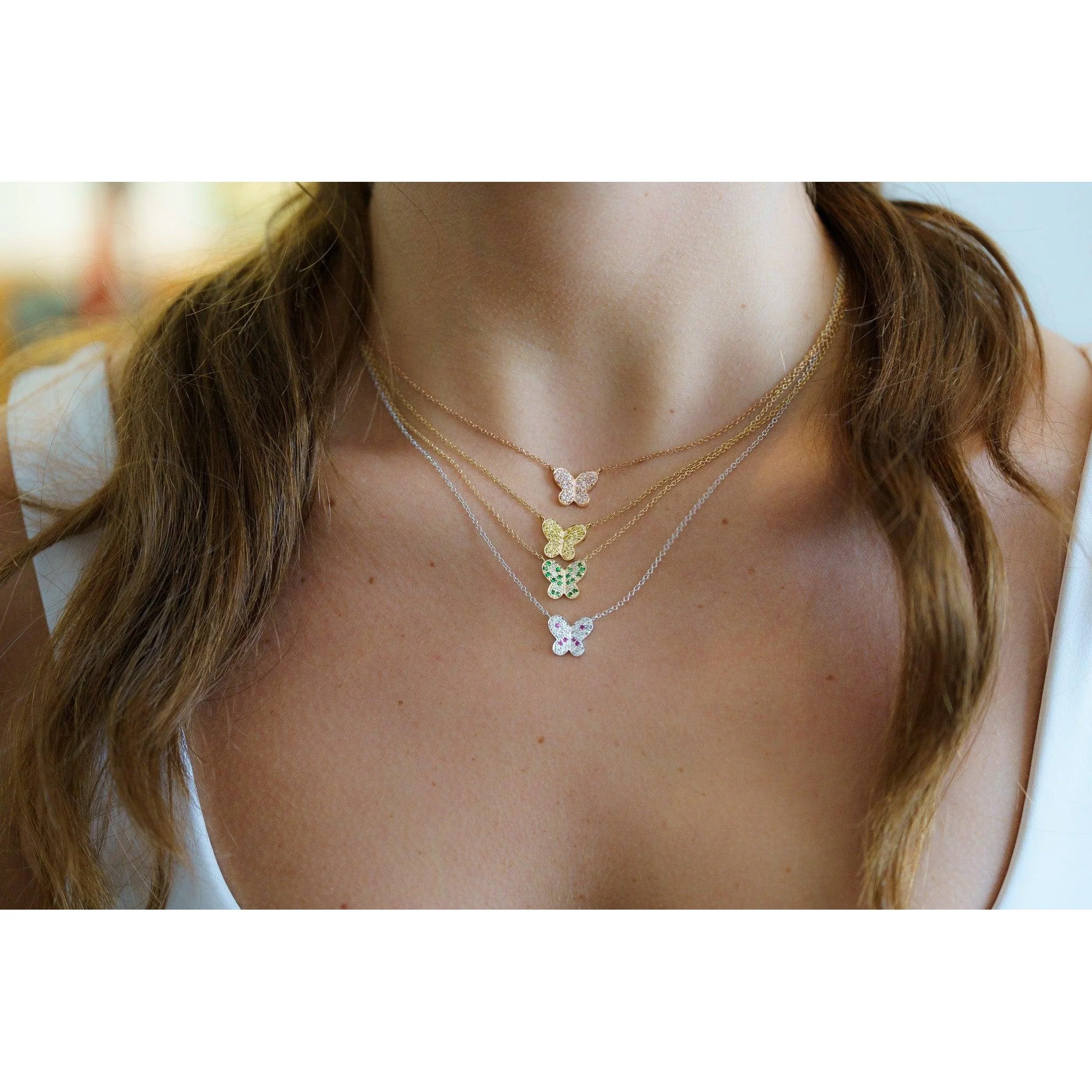 Gold Gemstone Butterfly Cluster Floating Pendant Necklace 18 - Image 8