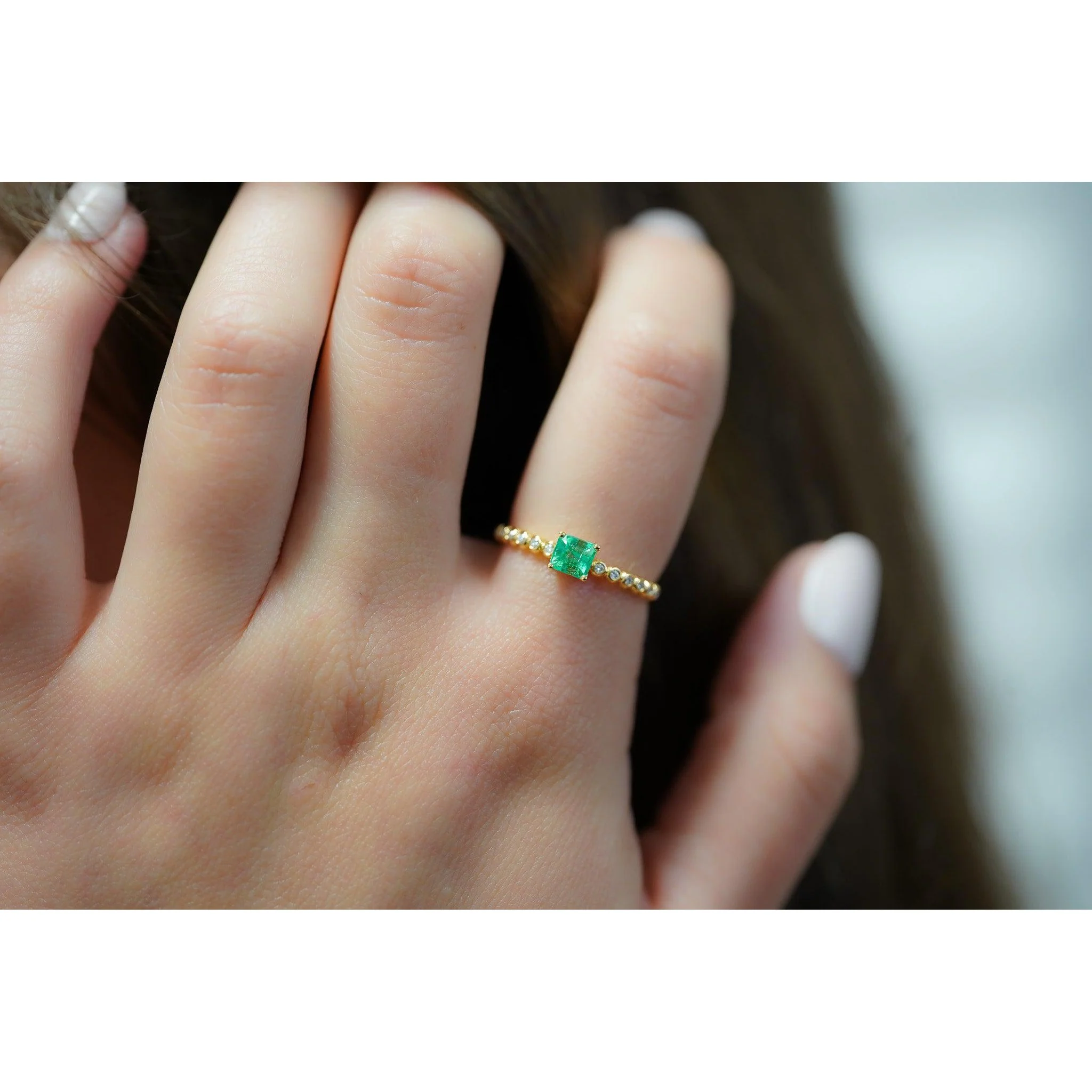 Natural Emerald Square Cut Thin Ribbed Band Stacking Ring in 18K Yellow Gold - Image 12