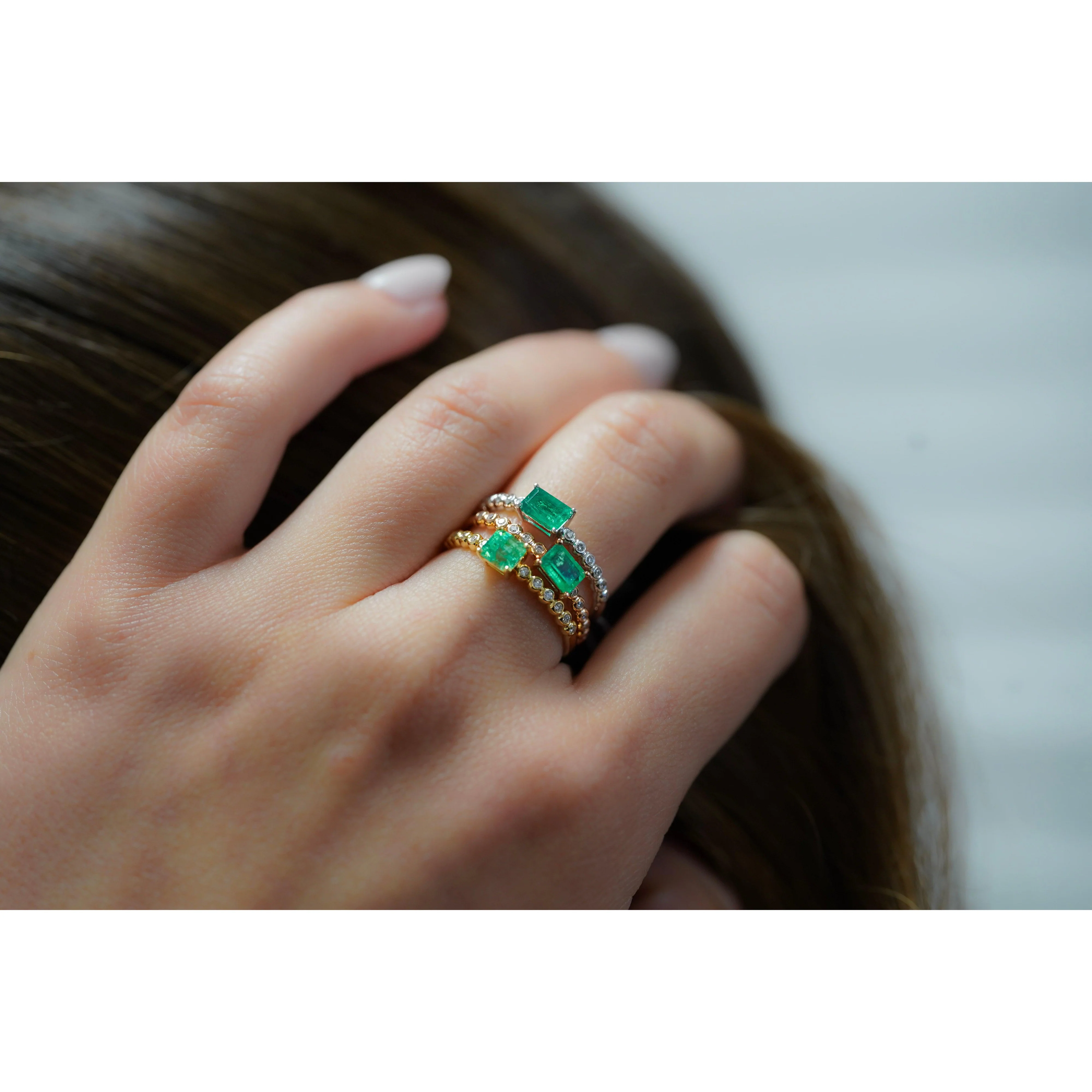 Natural Emerald Square Cut Thin Ribbed Band Stacking Ring in 18K Yellow Gold - Image 13