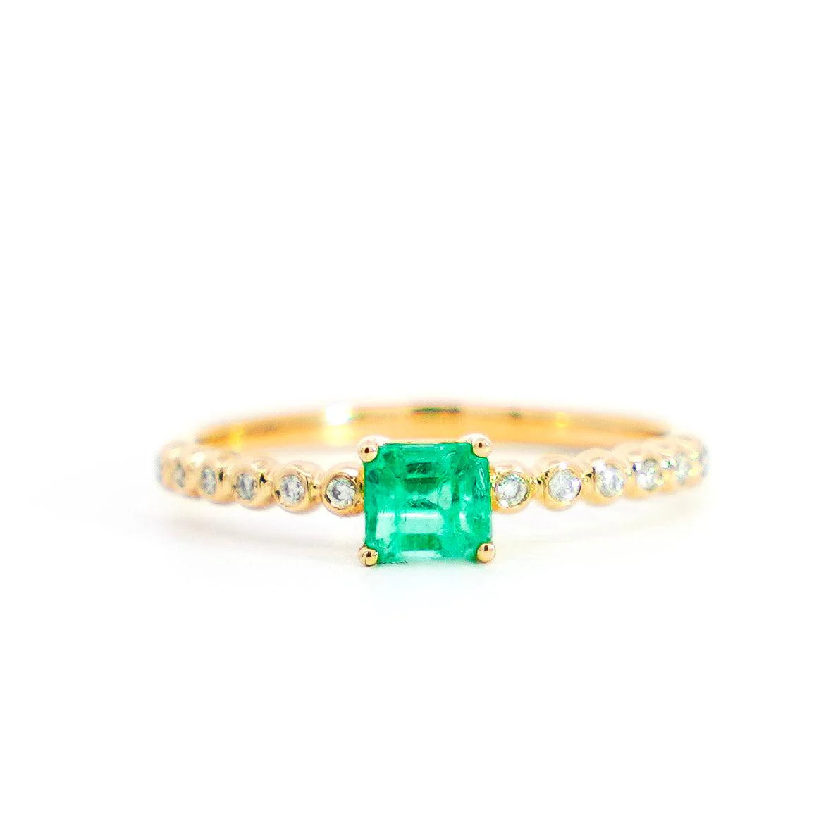 Natural Emerald Square Cut Thin Ribbed Band Stacking Ring in 18K Yellow Gold - Image 2