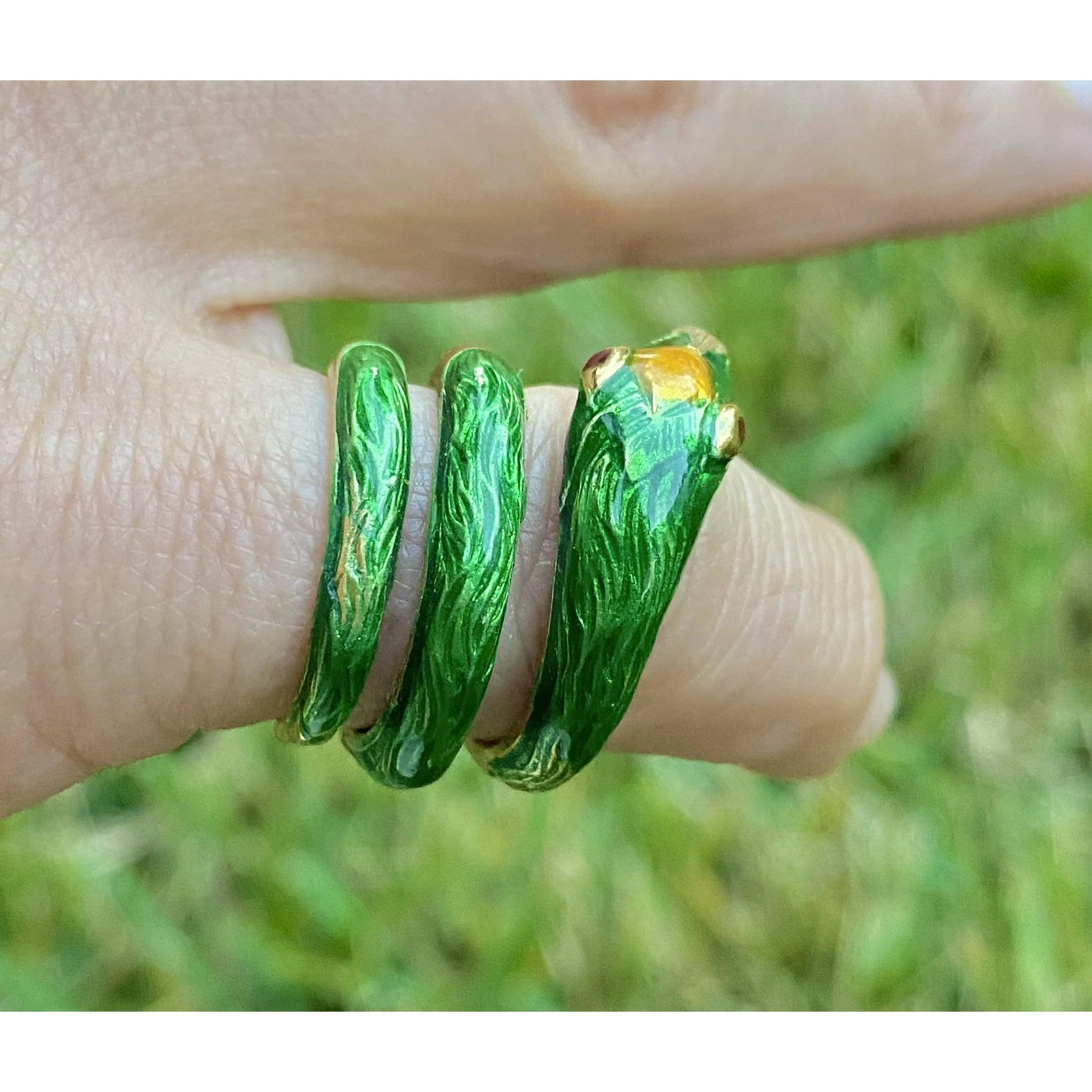 18K Gold and Green Enamel Snake Ring - Image 5