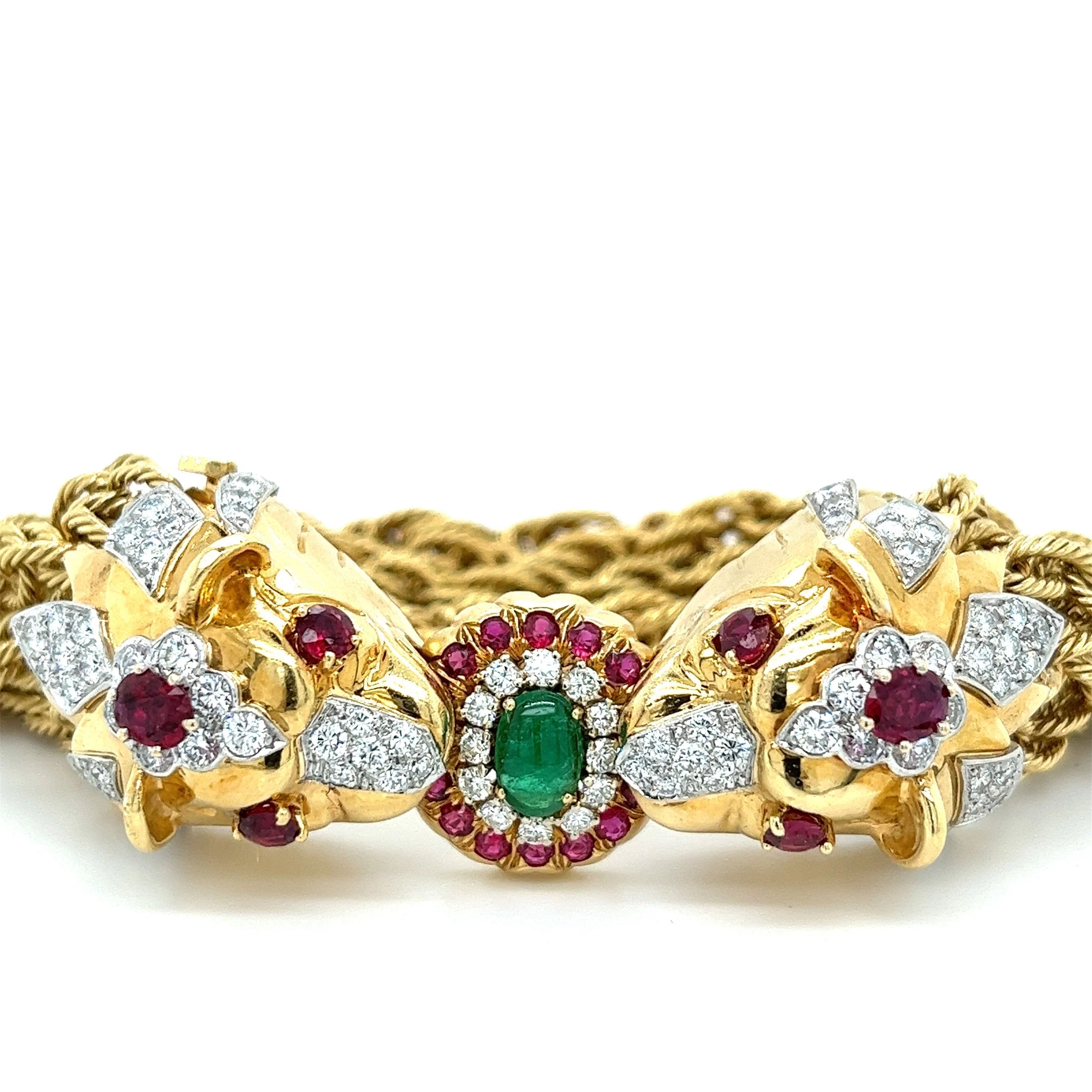 18K Gold & Platinum Double Headed Biting Lion Multi Rope Chain Bracelet With Emeralds, Diamonds, & Rubies - Image 3