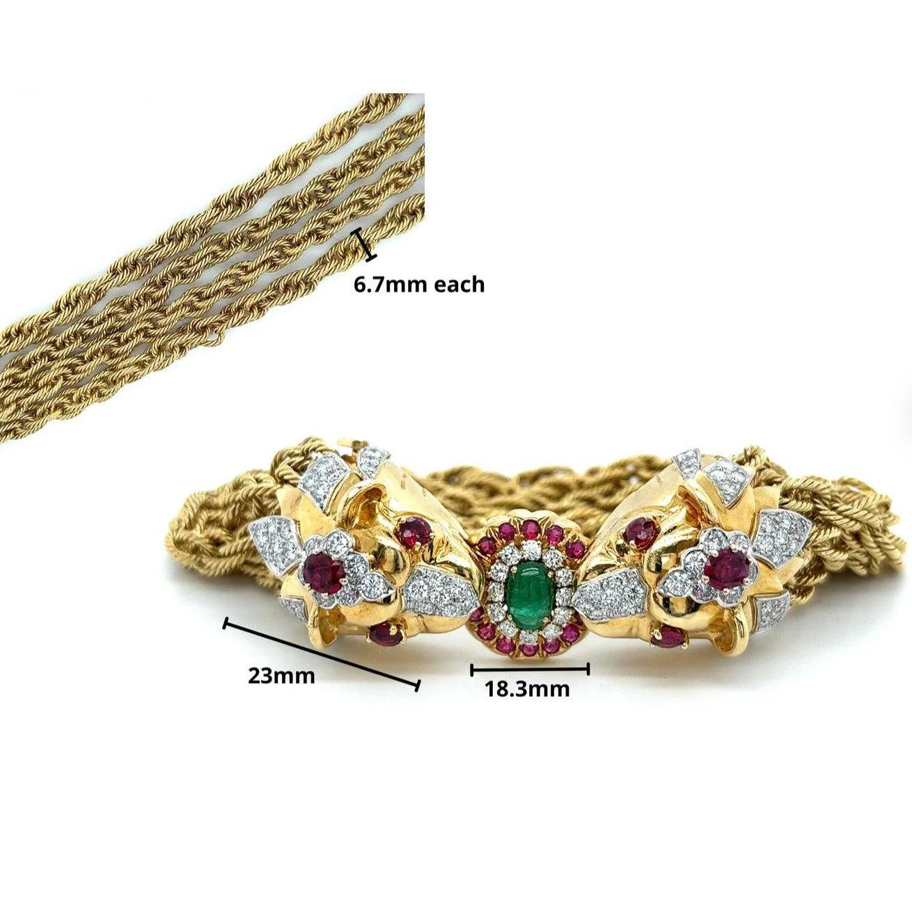 18K Gold & Platinum Double Headed Biting Lion Multi Rope Chain Bracelet With Emeralds, Diamonds, & Rubies - Image 6