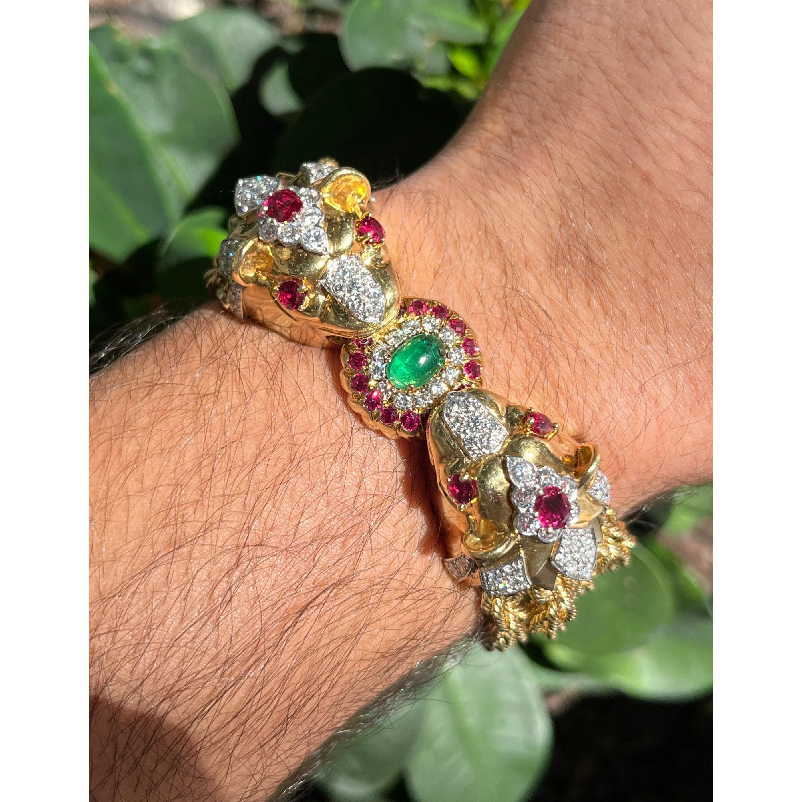 18K Gold & Platinum Double Headed Biting Lion Multi Rope Chain Bracelet With Emeralds, Diamonds, & Rubies - Image 9